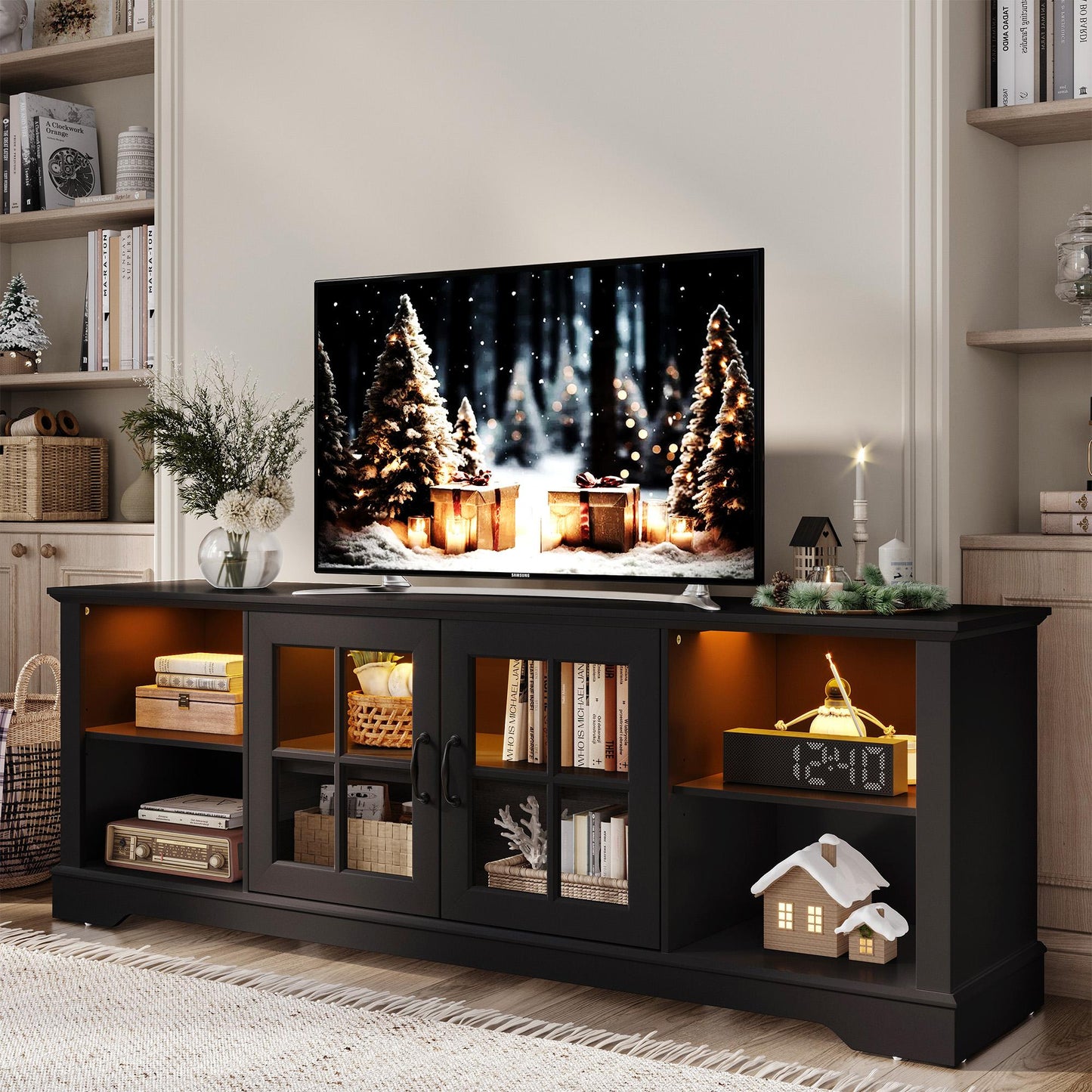 Modern Glass TV Stand for 65" TVs, Entertainment Center with LED Lights, Storage Cabinets & Adjustable Shelves