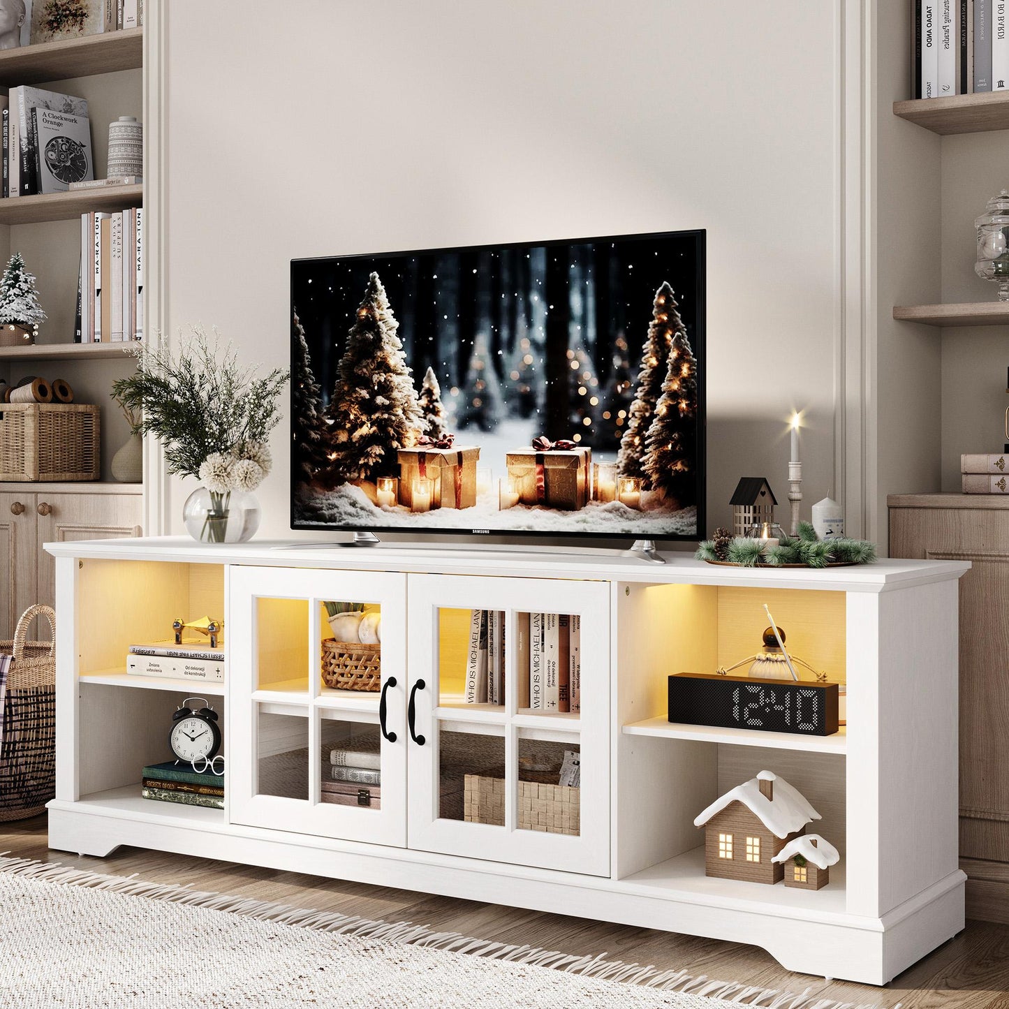 Modern Glass TV Stand for 65" TVs, Entertainment Center with LED Lights, Storage Cabinets & Adjustable Shelves