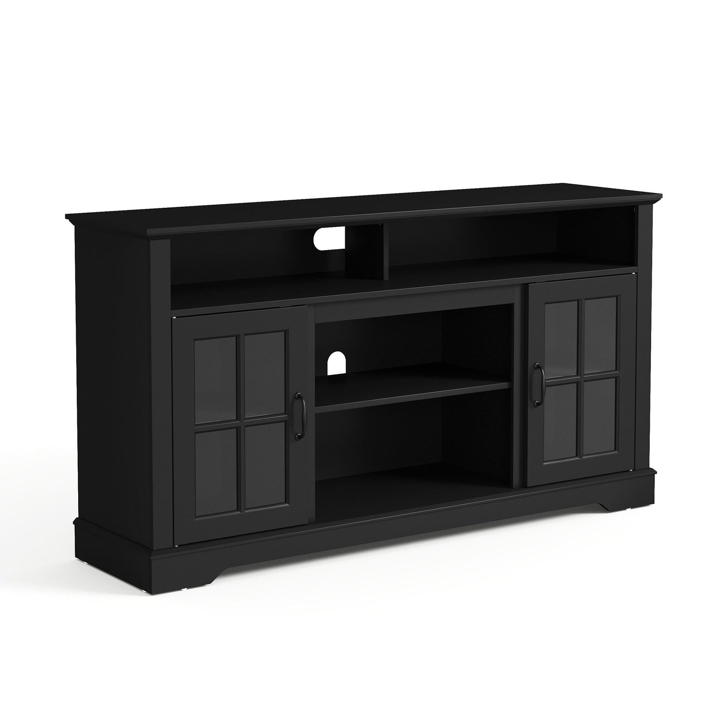 Modern Glass TV Stand for 65" TVs, Entertainment Center with LED Lights, Storage Cabinets & Adjustable Shelves
