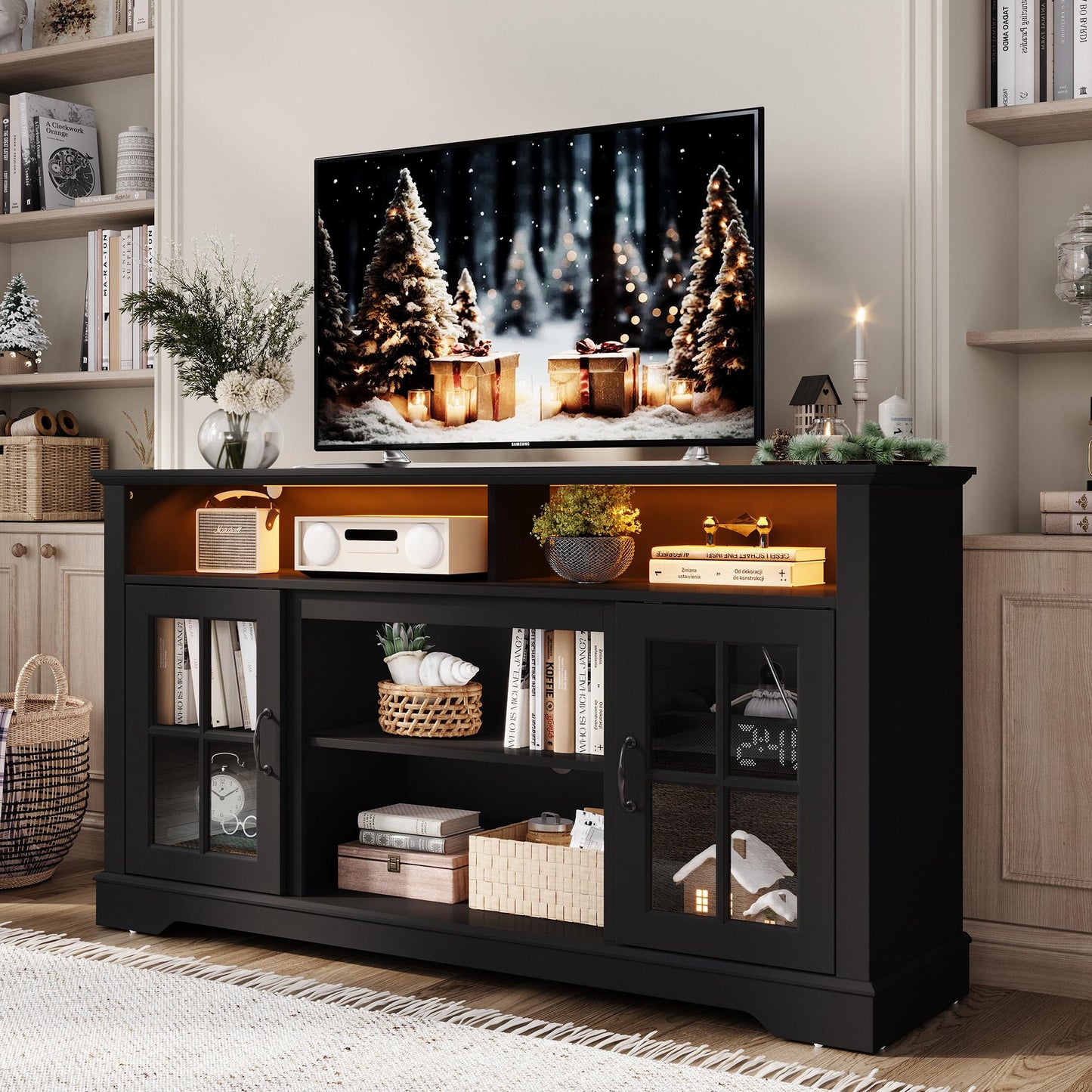 Modern Glass TV Stand for 65" TVs, Entertainment Center with LED Lights, Storage Cabinets & Adjustable Shelves