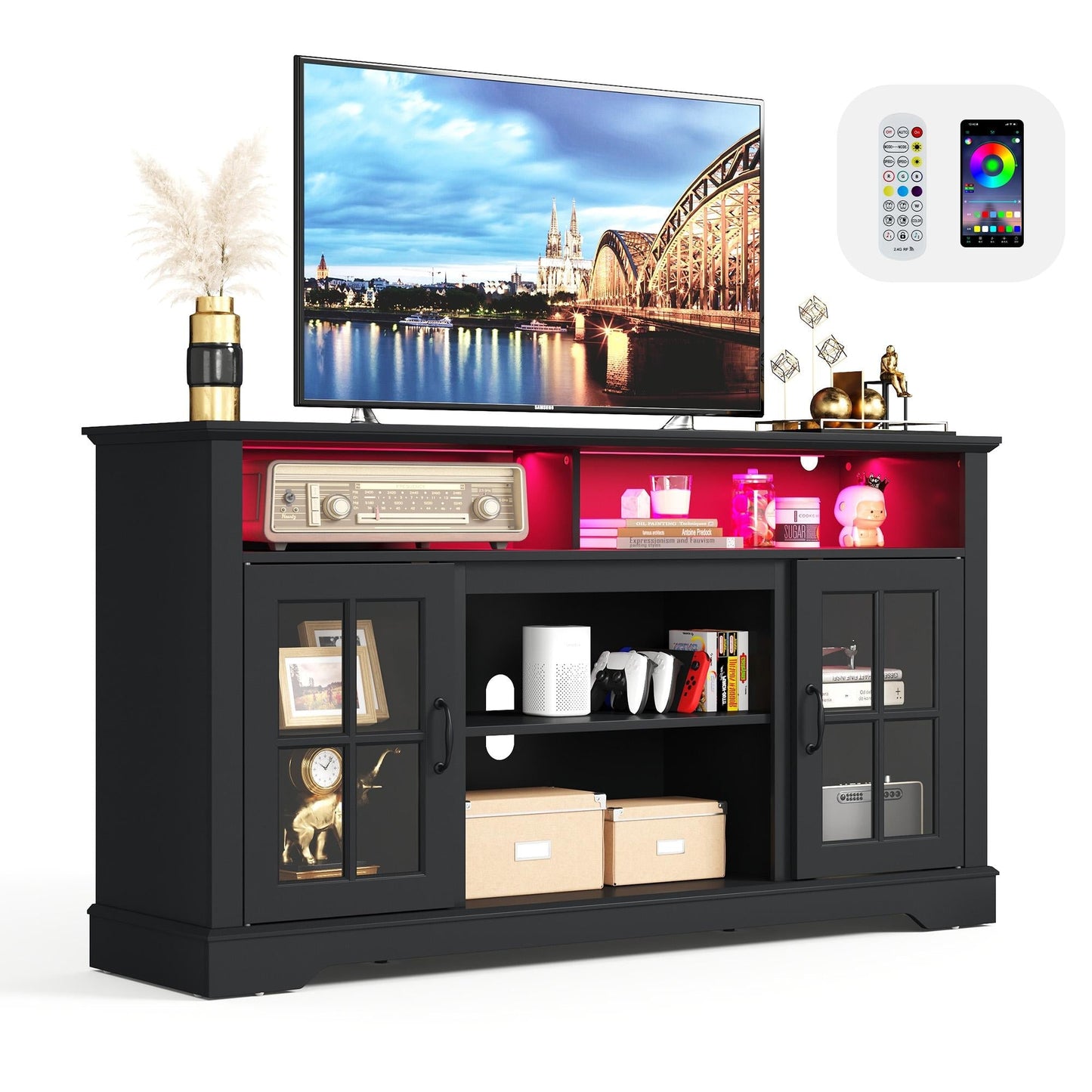 Modern Glass TV Stand for 65" TVs, Entertainment Center with LED Lights, Storage Cabinets & Adjustable Shelves