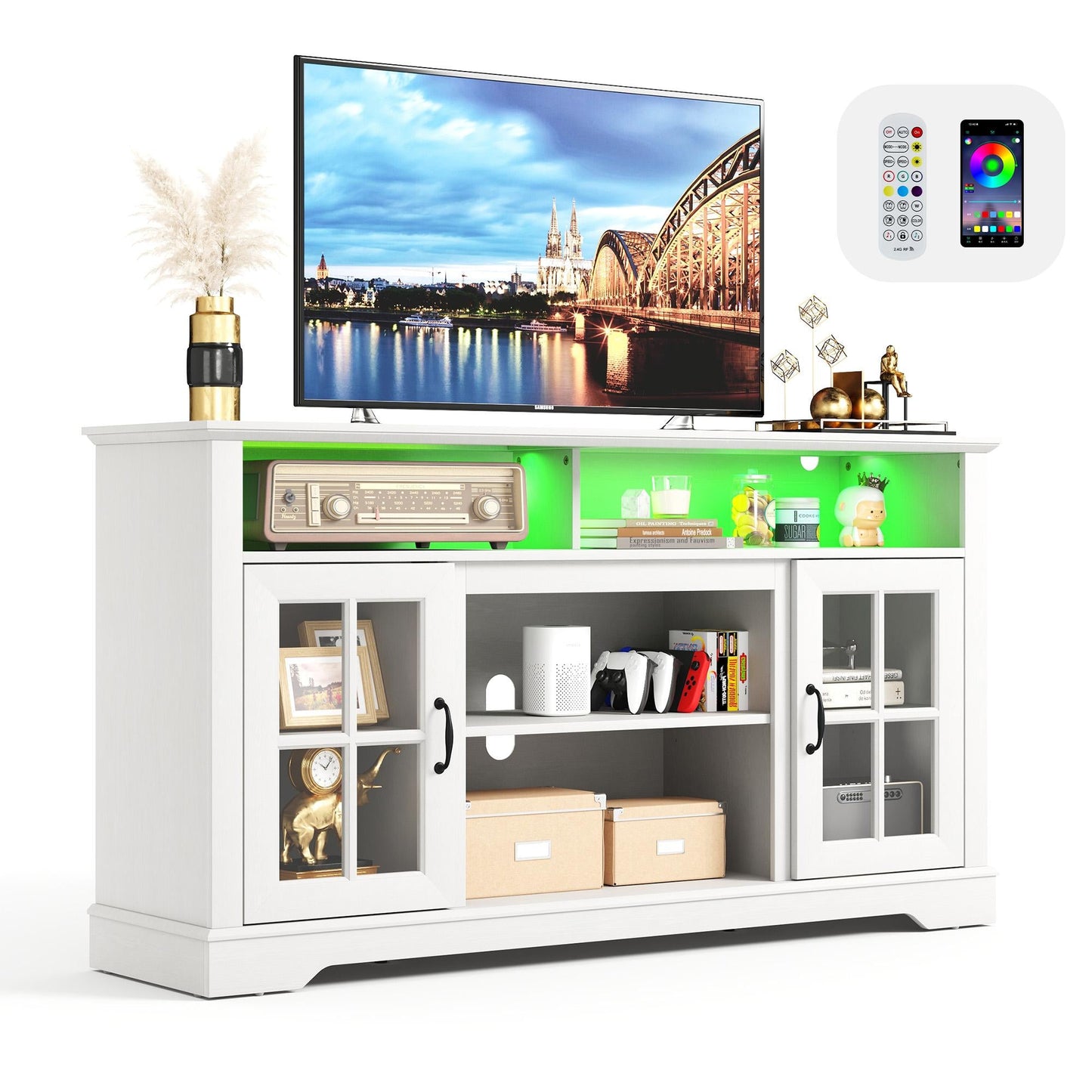 Modern Glass TV Stand for 65" TVs, Entertainment Center with LED Lights, Storage Cabinets & Adjustable Shelves