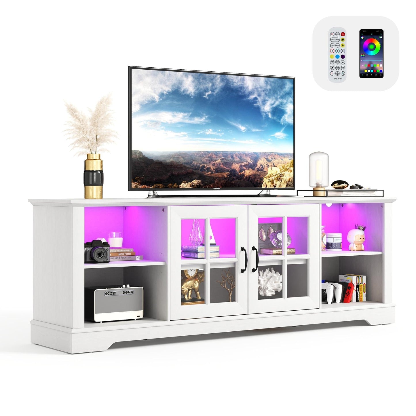 Modern Glass TV Stand for 65" TVs, Entertainment Center with LED Lights, Storage Cabinets & Adjustable Shelves