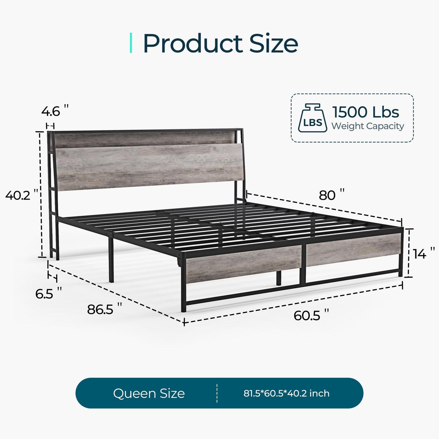 Metal Bed Frame with Headboard Shelf, Charging, LED