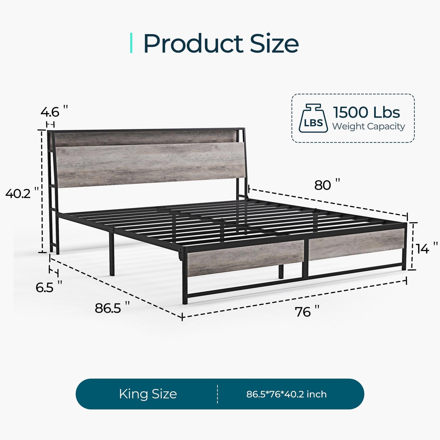 Metal Bed Frame with Headboard Shelf, Charging, LED
