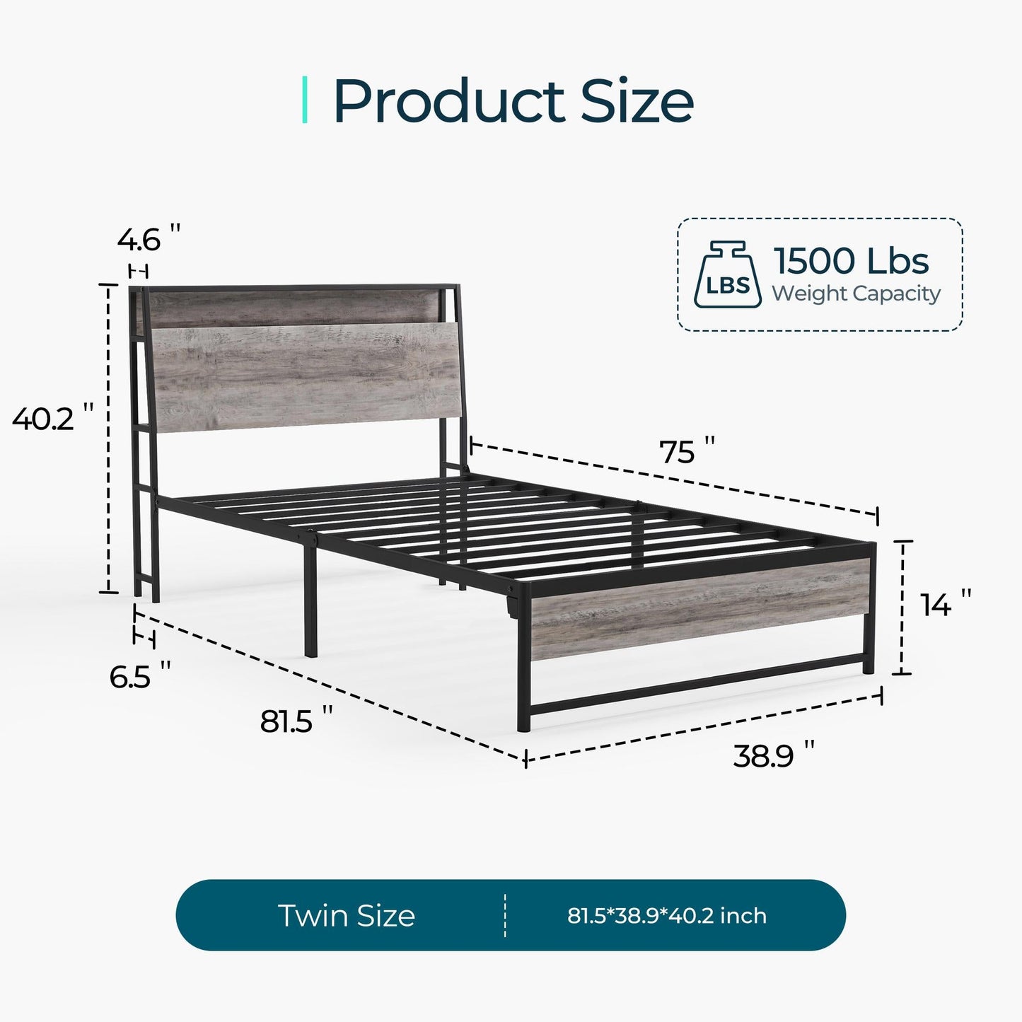 Metal Bed Frame with Headboard Shelf, Charging, LED