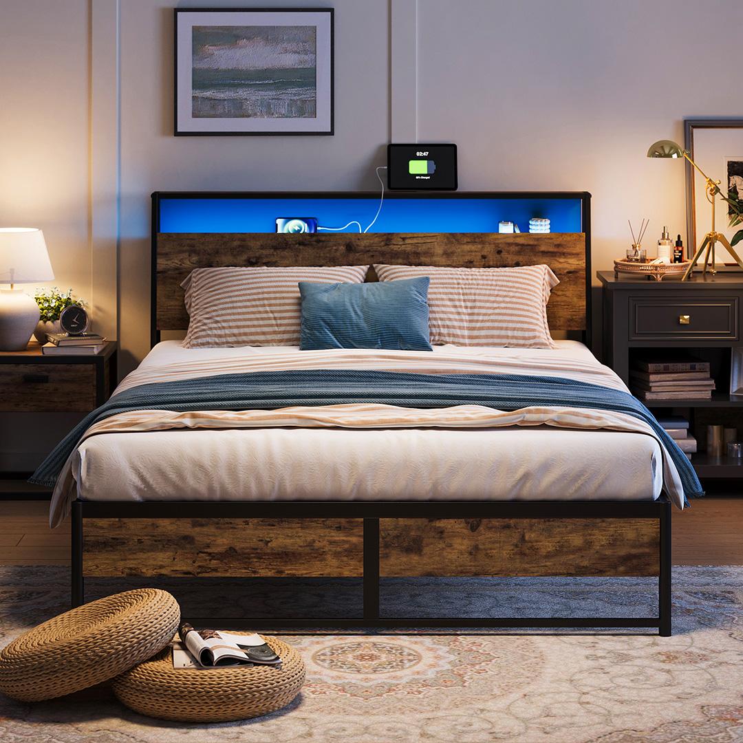 Metal Bed Frame with Headboard Shelf, Charging, LED