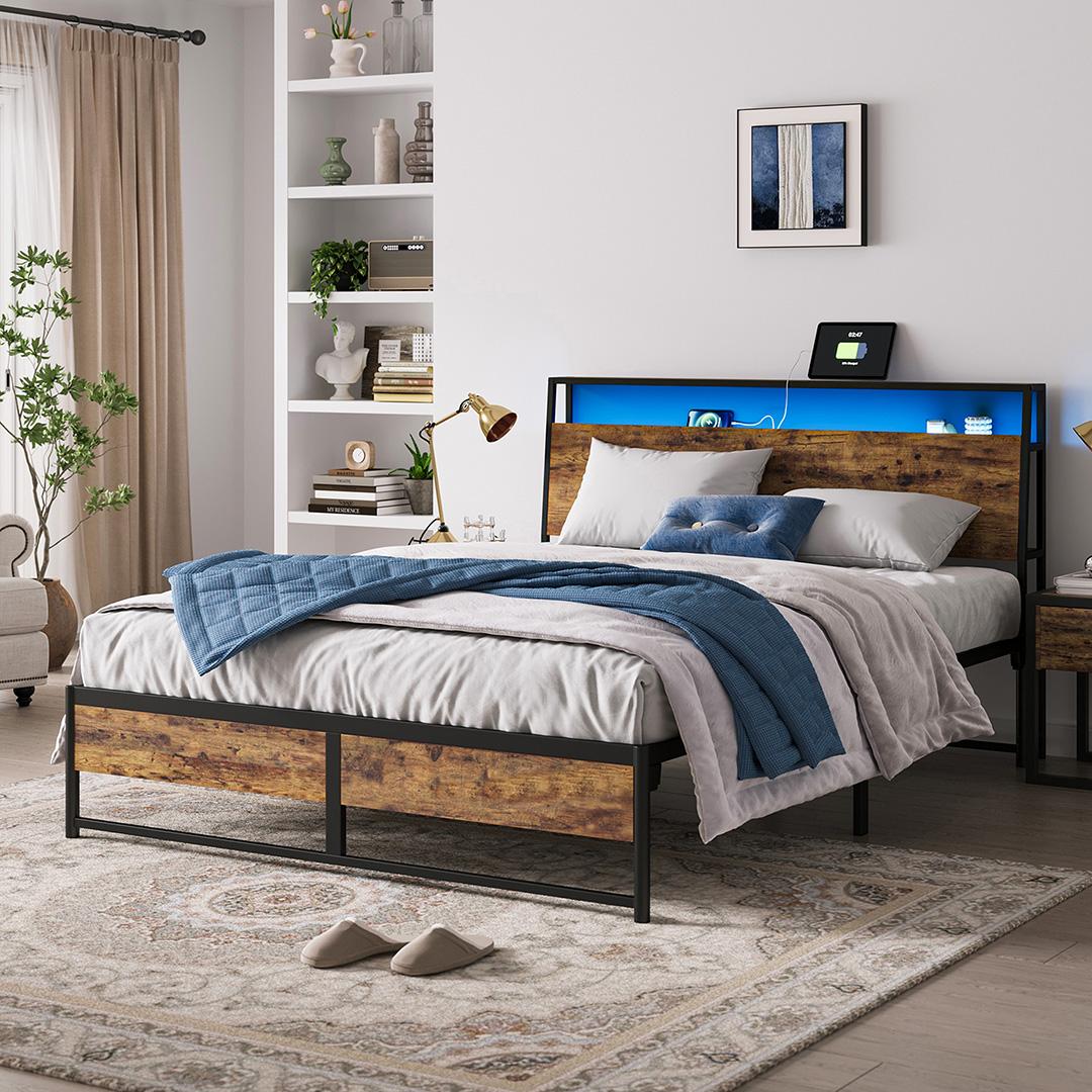 Metal Bed Frame with Headboard Shelf, Charging, LED