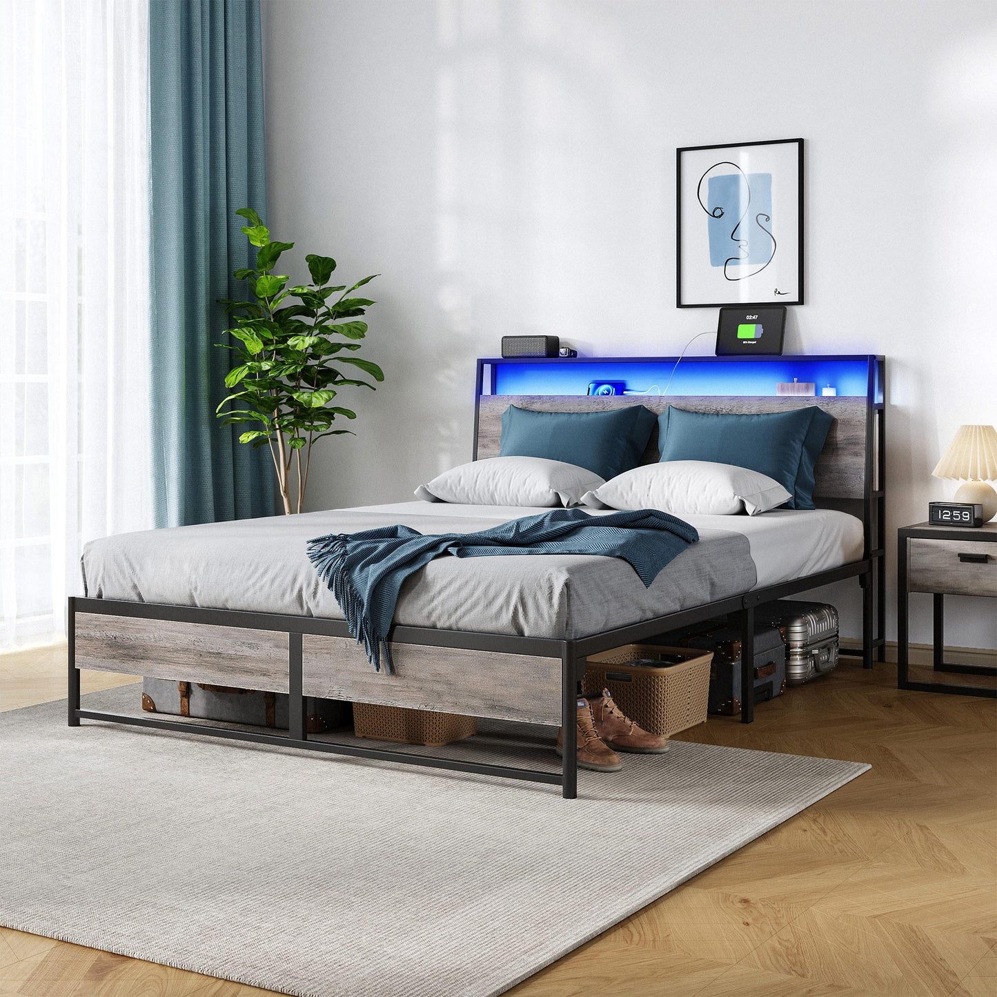 Metal Bed Frame with Headboard Shelf, Charging, LED