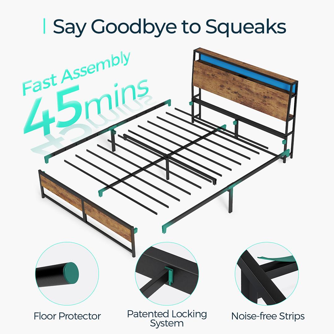 Metal Bed Frame with Headboard Shelf, Charging, LED
