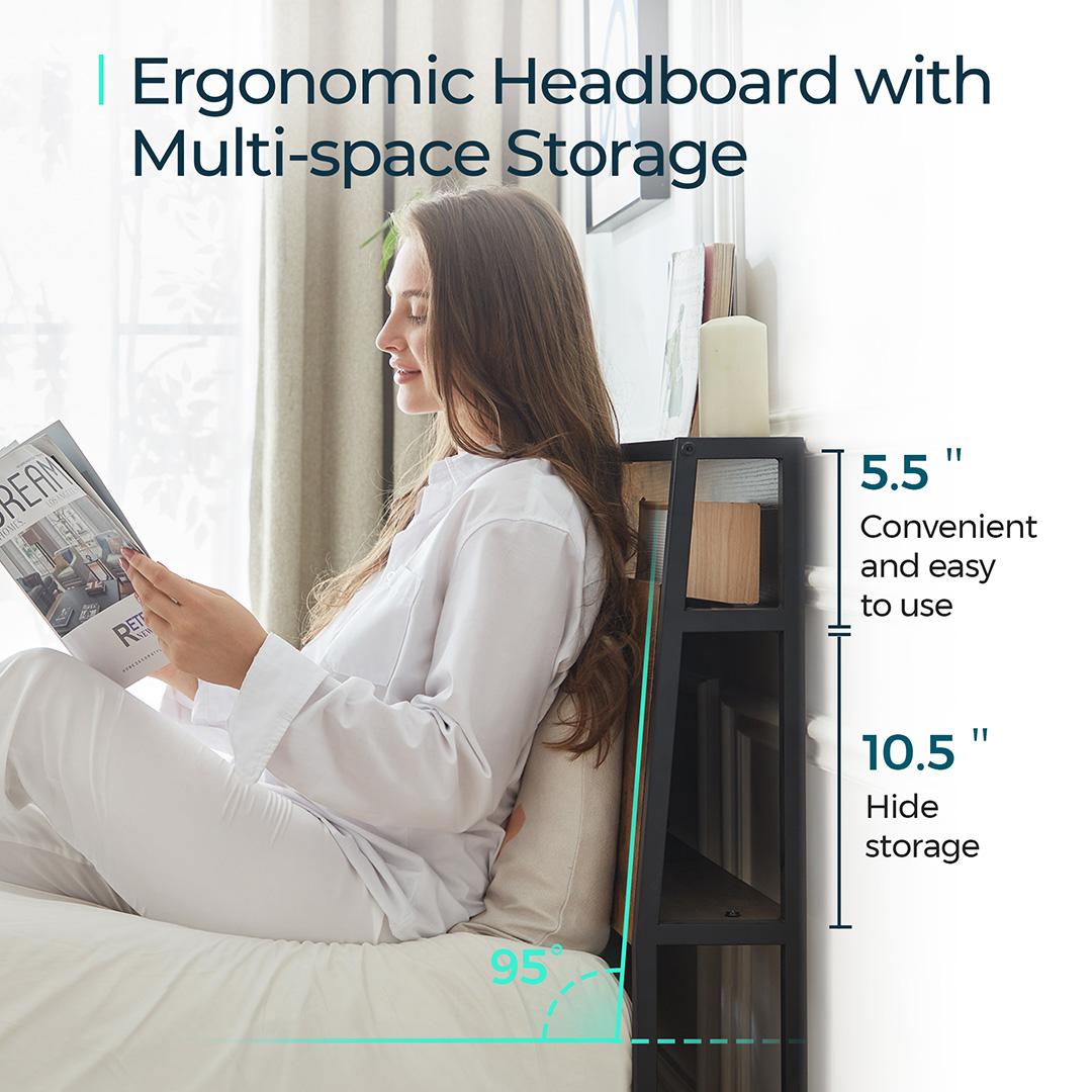 Metal Bed Frame with Headboard Shelf, Charging, LED