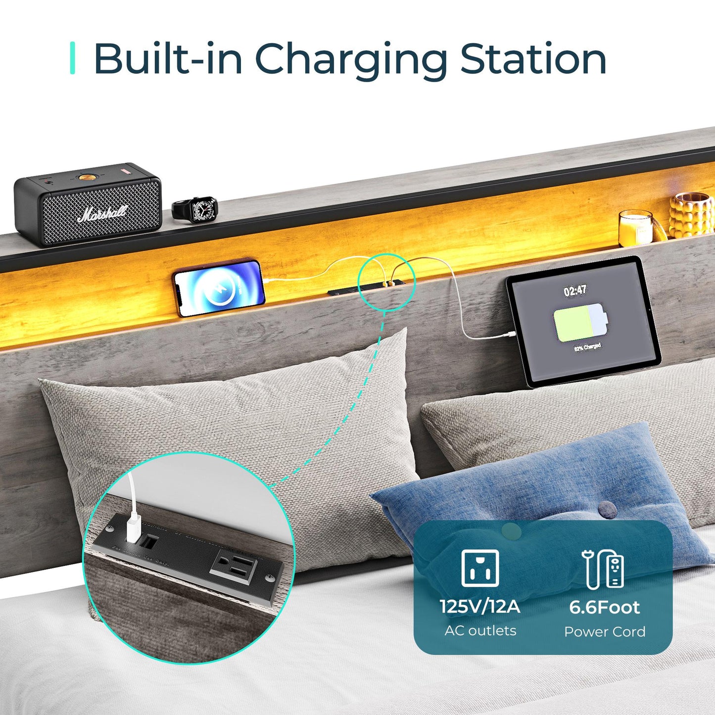 Metal Bed Frame with Headboard Shelf, Charging, LED