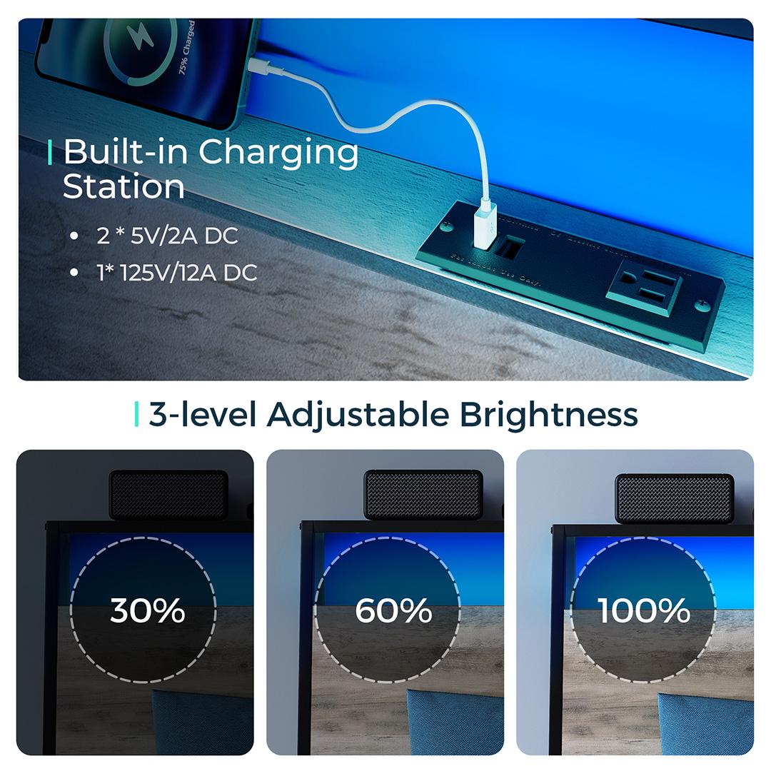 Metal Bed Frame with Headboard Shelf, Charging, LED