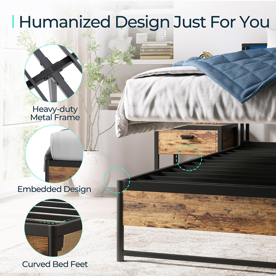 Metal Bed Frame with Headboard Shelf, Charging, LED