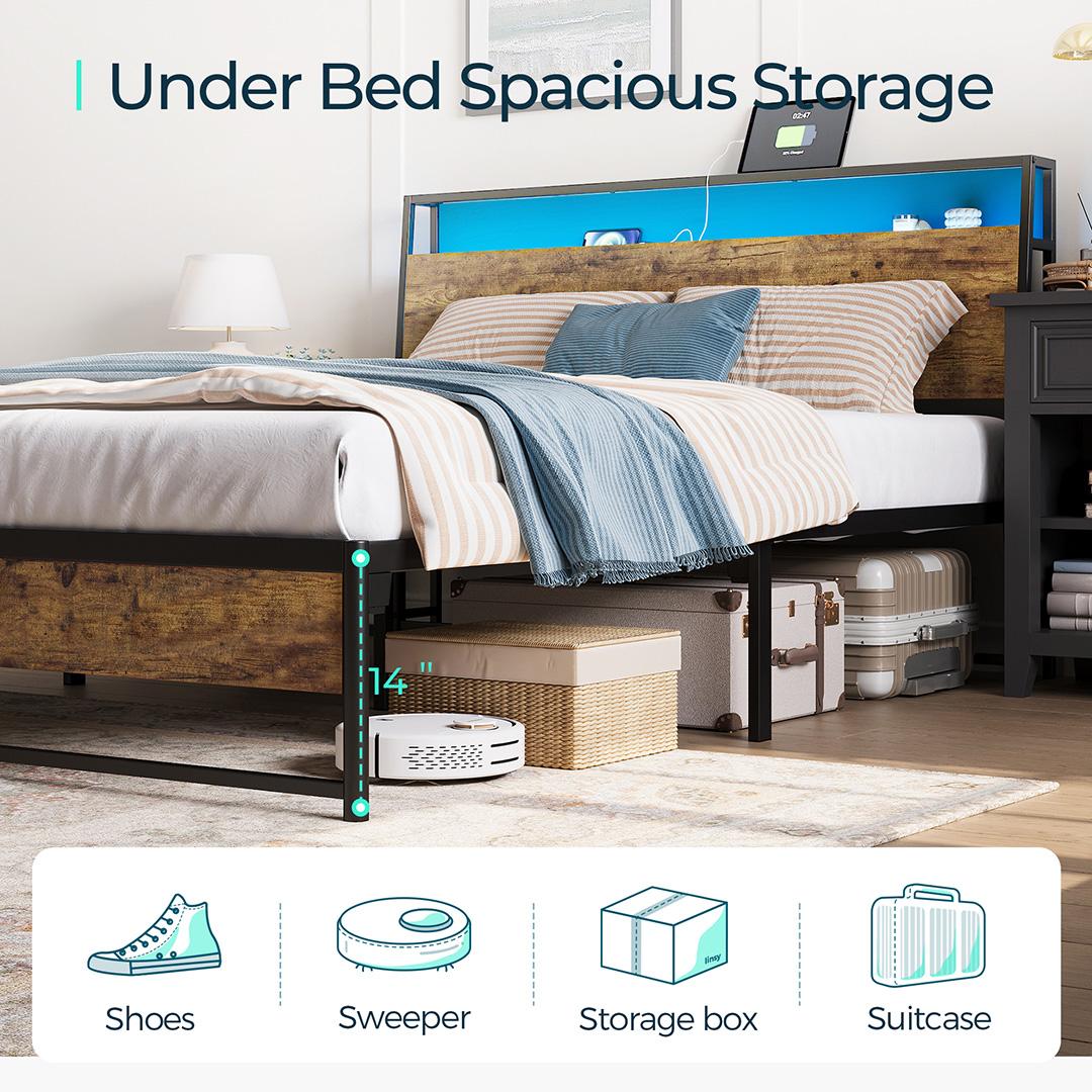 Metal Bed Frame with Headboard Shelf, Charging, LED