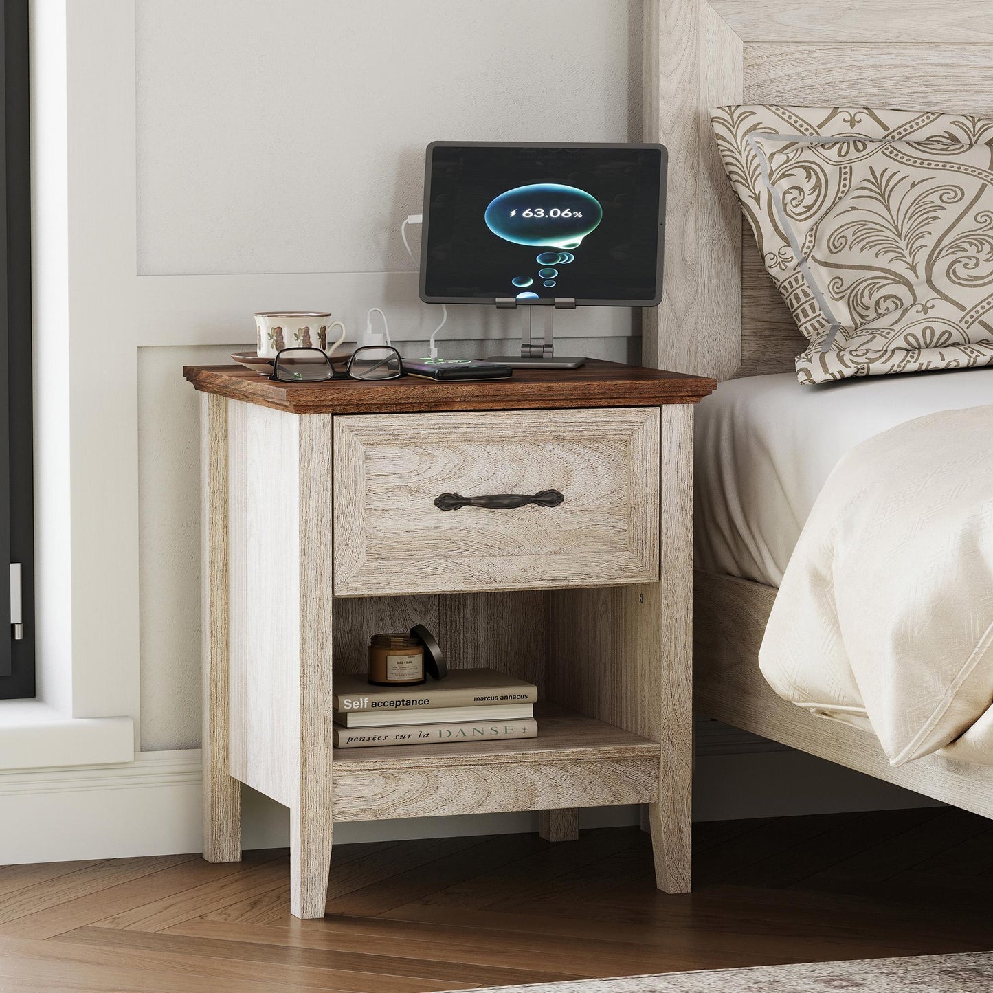 Nightstand for Bedroom with Charging Station, Farmhouse End Tables for Living Room with Drawer
