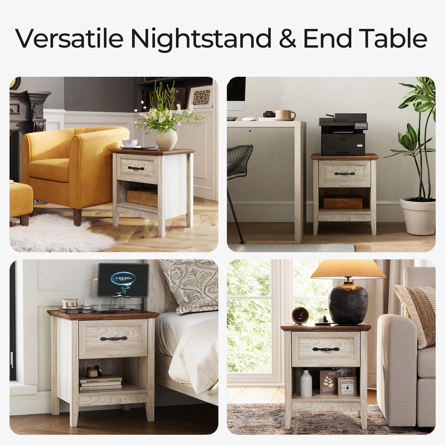 Nightstand for Bedroom with Charging Station, Farmhouse End Tables for Living Room with Drawer