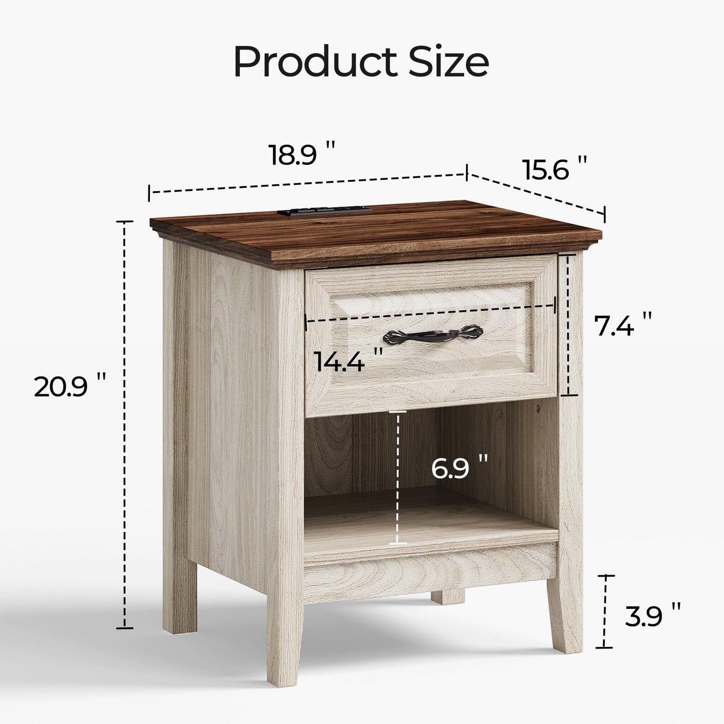 Nightstand for Bedroom with Charging Station, Farmhouse End Tables for Living Room with Drawer