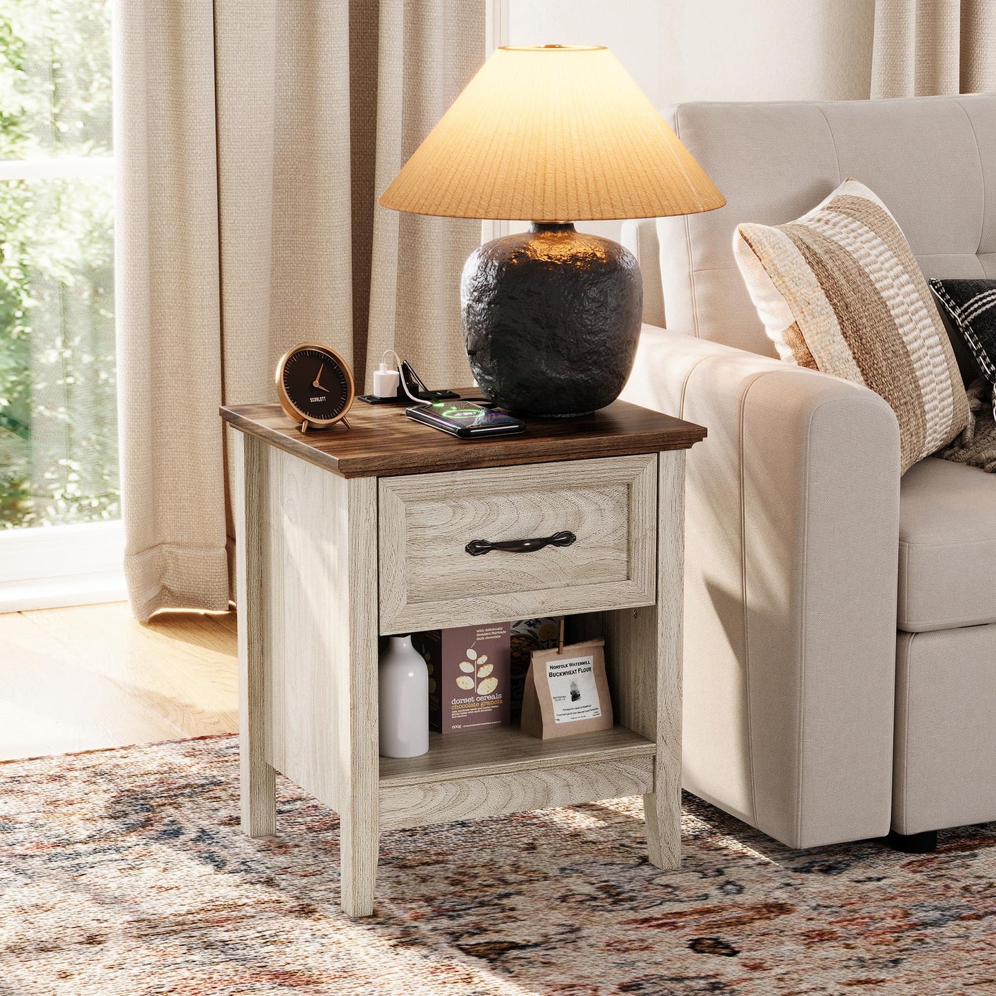 Nightstand for Bedroom with Charging Station, Farmhouse End Tables for Living Room with Drawer