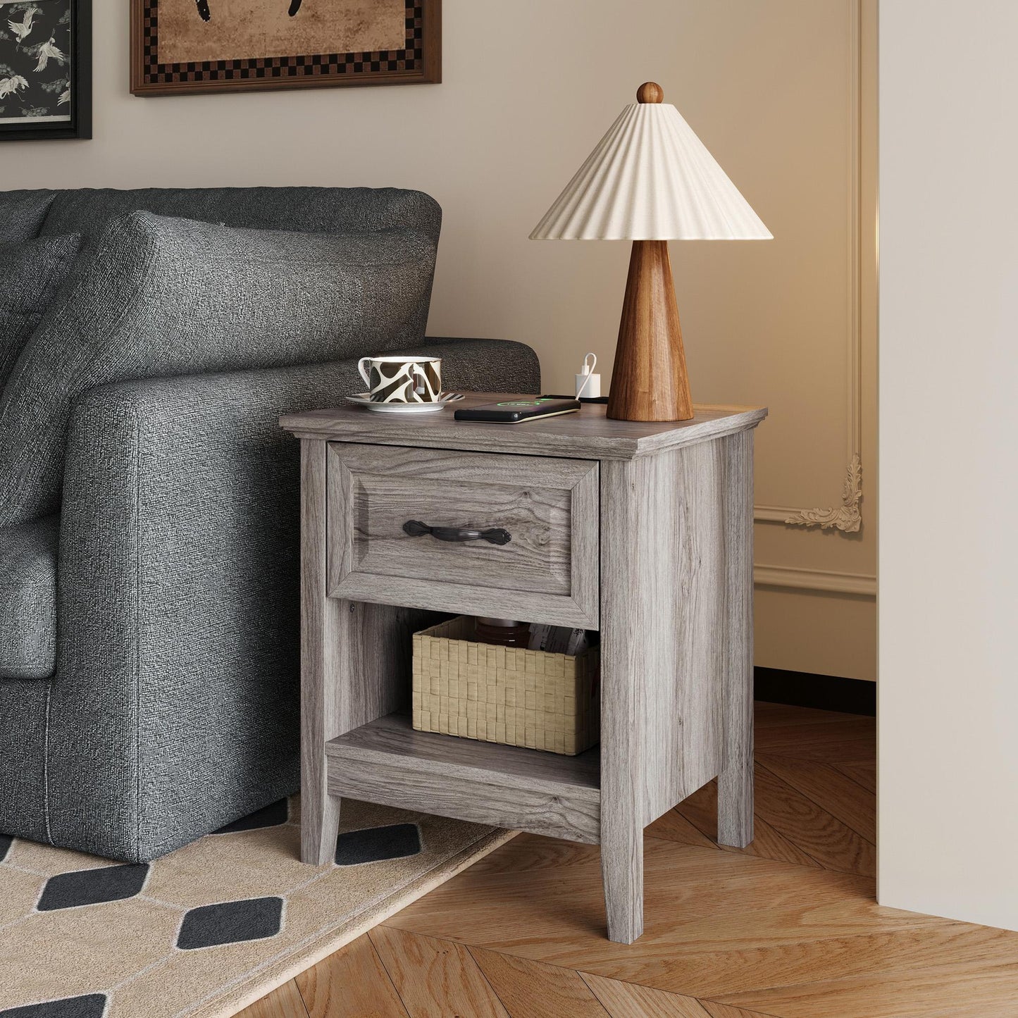 Nightstand for Bedroom with Charging Station, Farmhouse End Tables for Living Room with Drawer