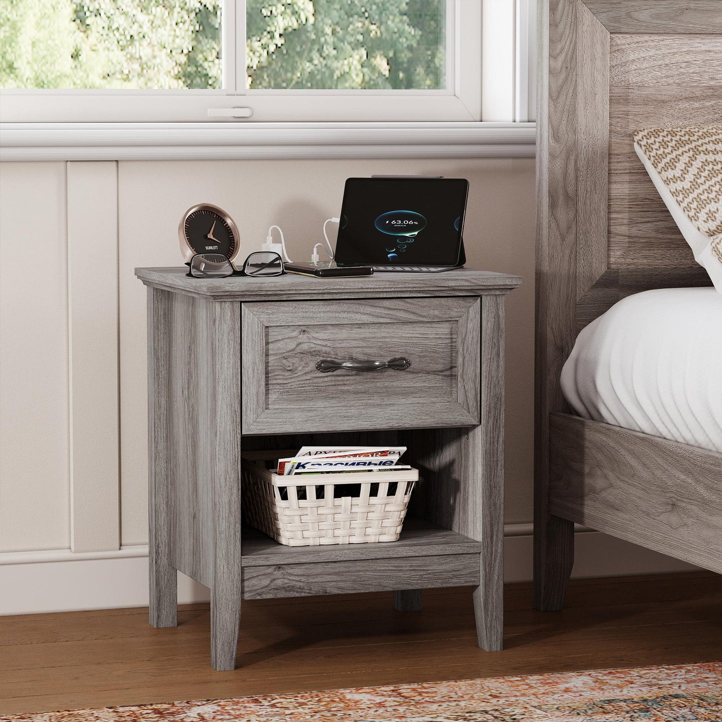 Nightstand for Bedroom with Charging Station, Farmhouse End Tables for Living Room with Drawer