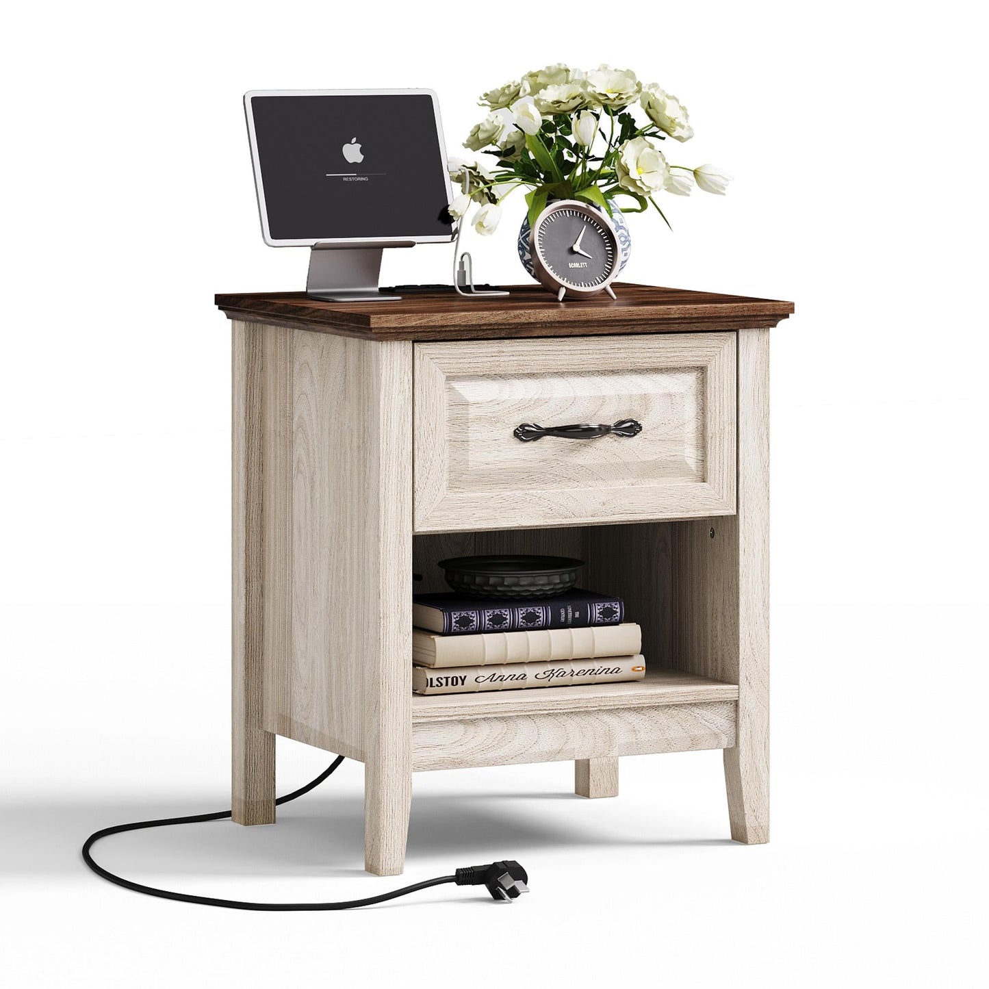 Nightstand for Bedroom with Charging Station, Farmhouse End Tables for Living Room with Drawer