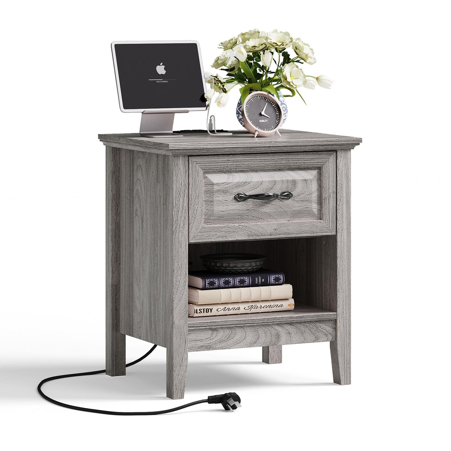 Nightstand for Bedroom with Charging Station, Farmhouse End Tables for Living Room with Drawer