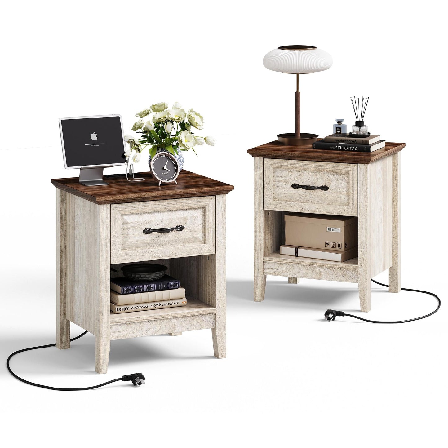 Nightstand for Bedroom with Charging Station, Farmhouse End Tables for Living Room with Drawer