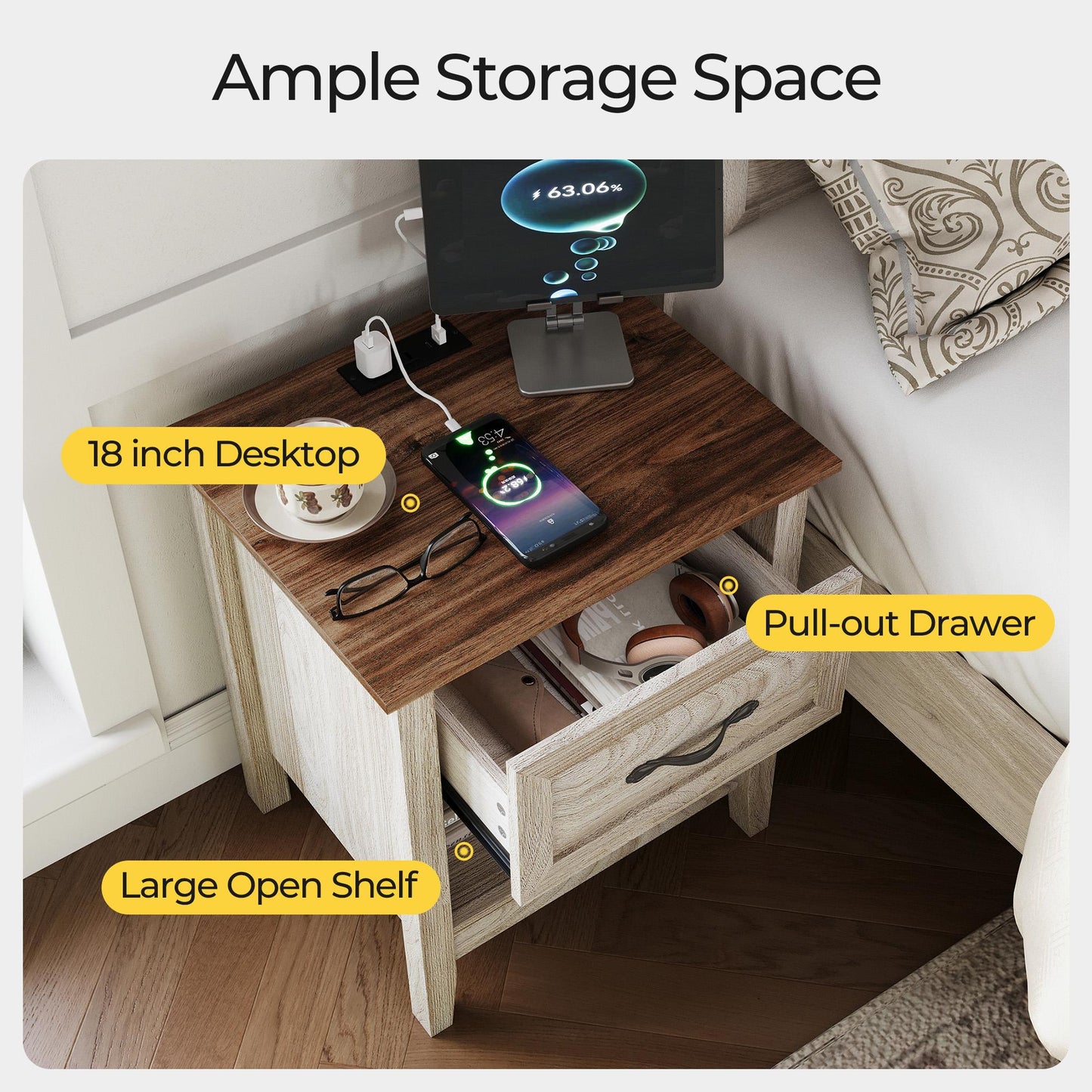 Nightstand for Bedroom with Charging Station, Farmhouse End Tables for Living Room with Drawer