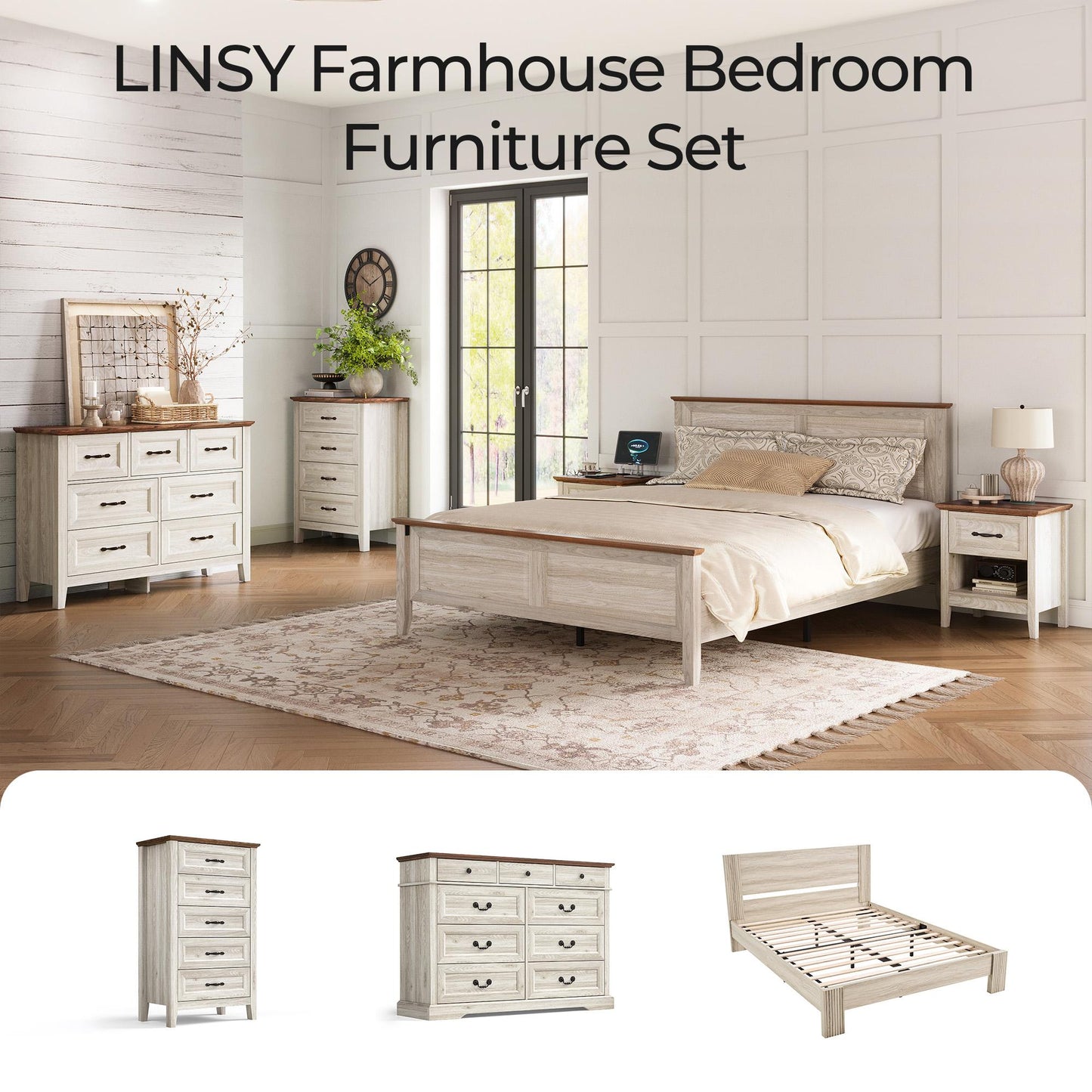 Nightstand for Bedroom with Charging Station, Farmhouse End Tables for Living Room with Drawer