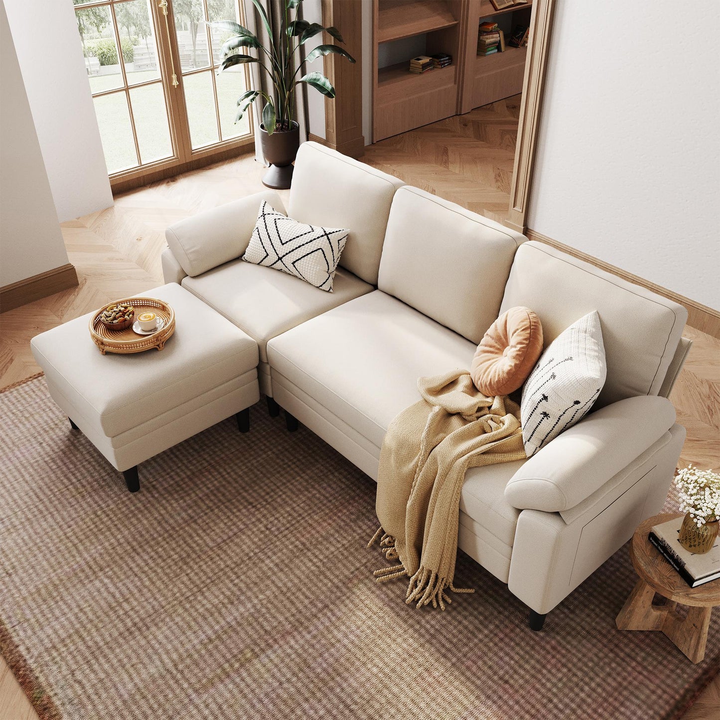 82" Reversible L-Shaped Sectional Sofa with Movable Ottoman, 3-Seater Couch for Living Room