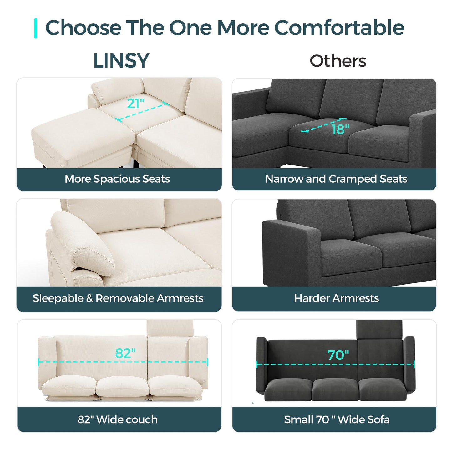 82" Reversible L-Shaped Sectional Sofa with Movable Ottoman, 3-Seater Couch for Living Room