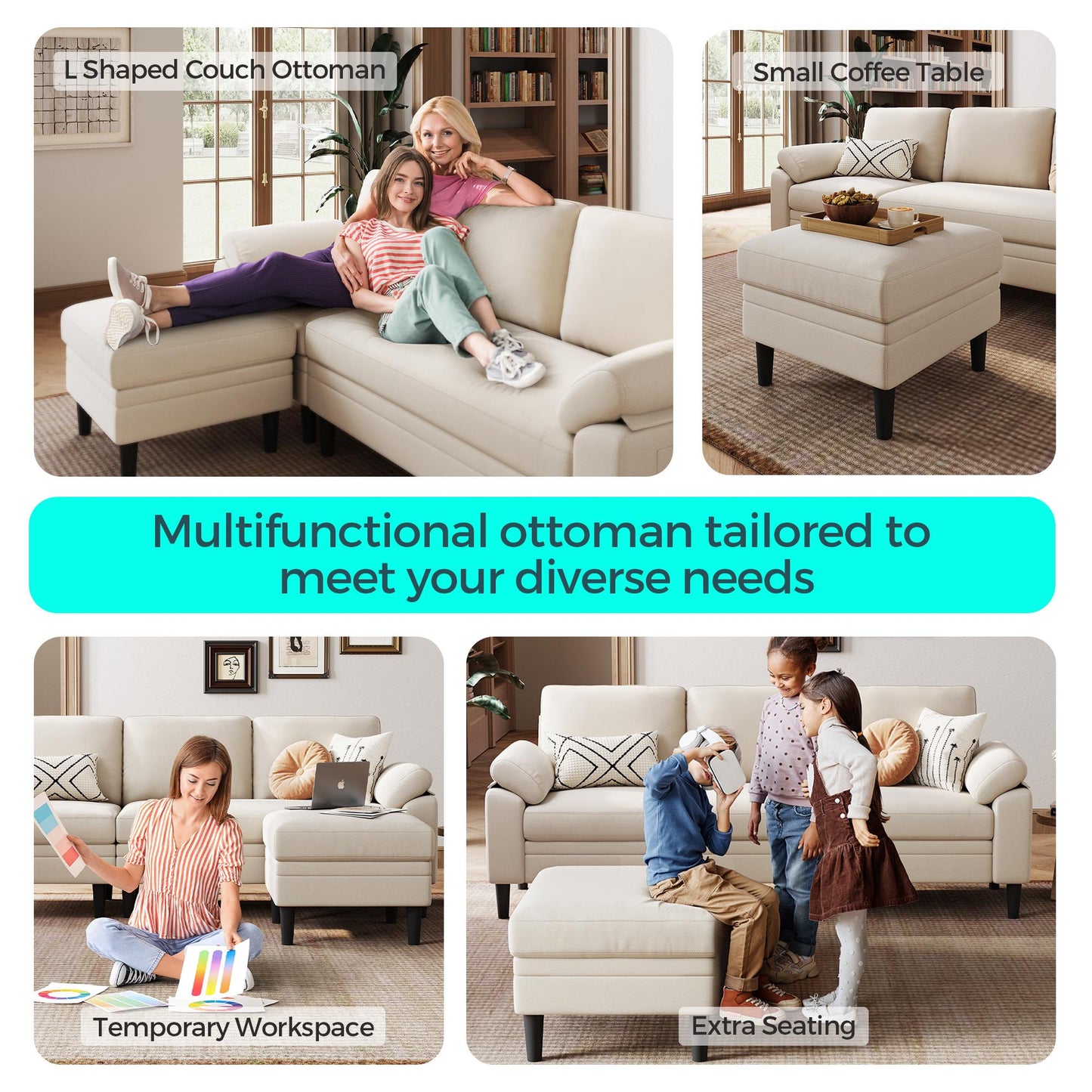 82" Reversible L-Shaped Sectional Sofa with Movable Ottoman, 3-Seater Couch for Living Room