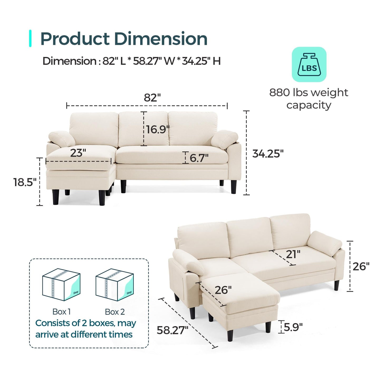 82" Reversible L-Shaped Sectional Sofa with Movable Ottoman, 3-Seater Couch for Living Room