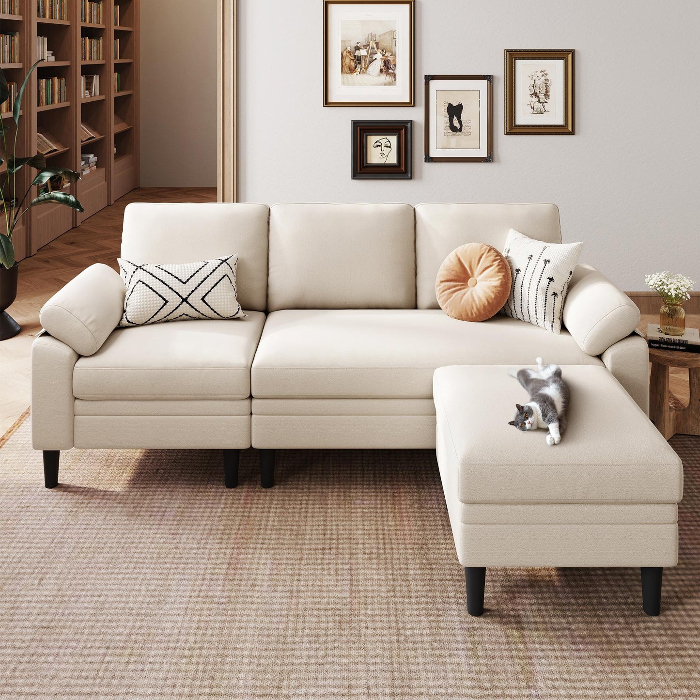 82" Reversible L-Shaped Sectional Sofa with Movable Ottoman, 3-Seater Couch for Living Room