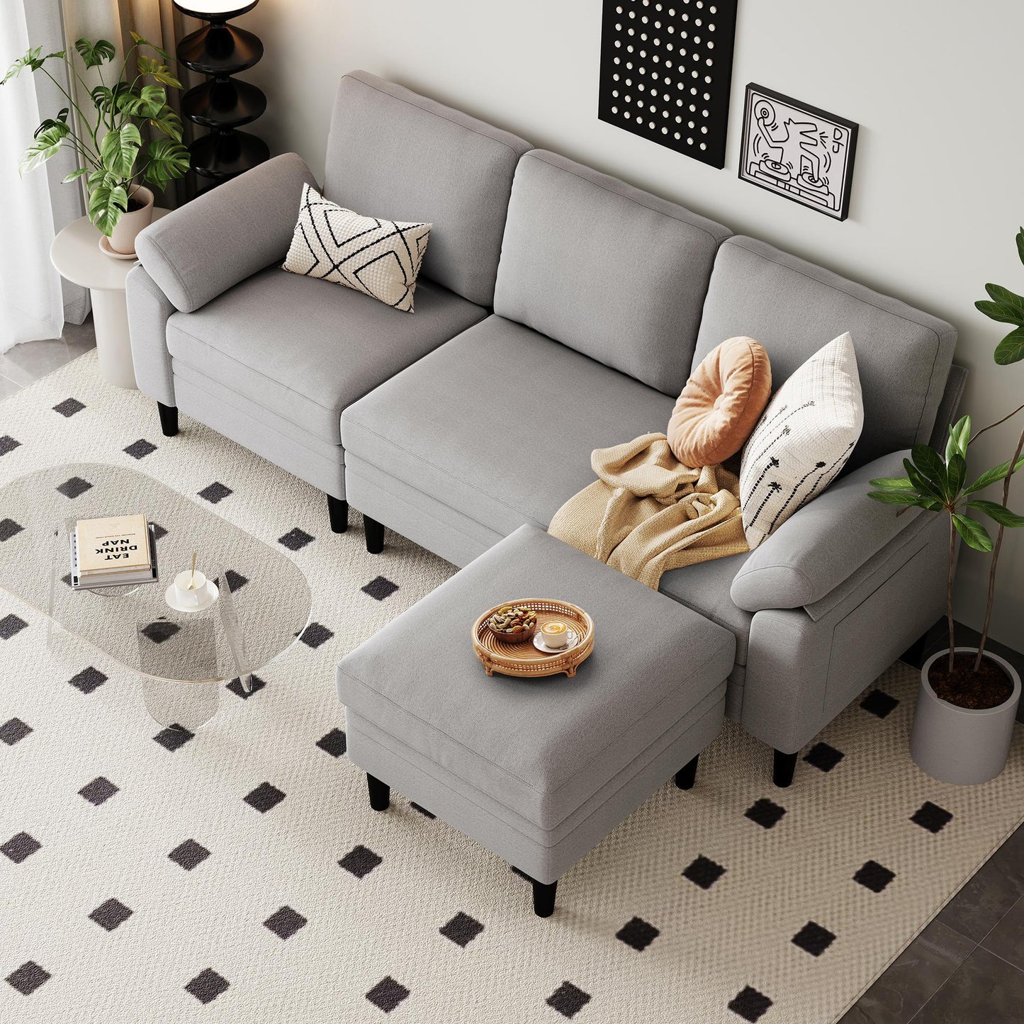 82" Reversible L-Shaped Sectional Sofa with Movable Ottoman, 3-Seater Couch for Living Room