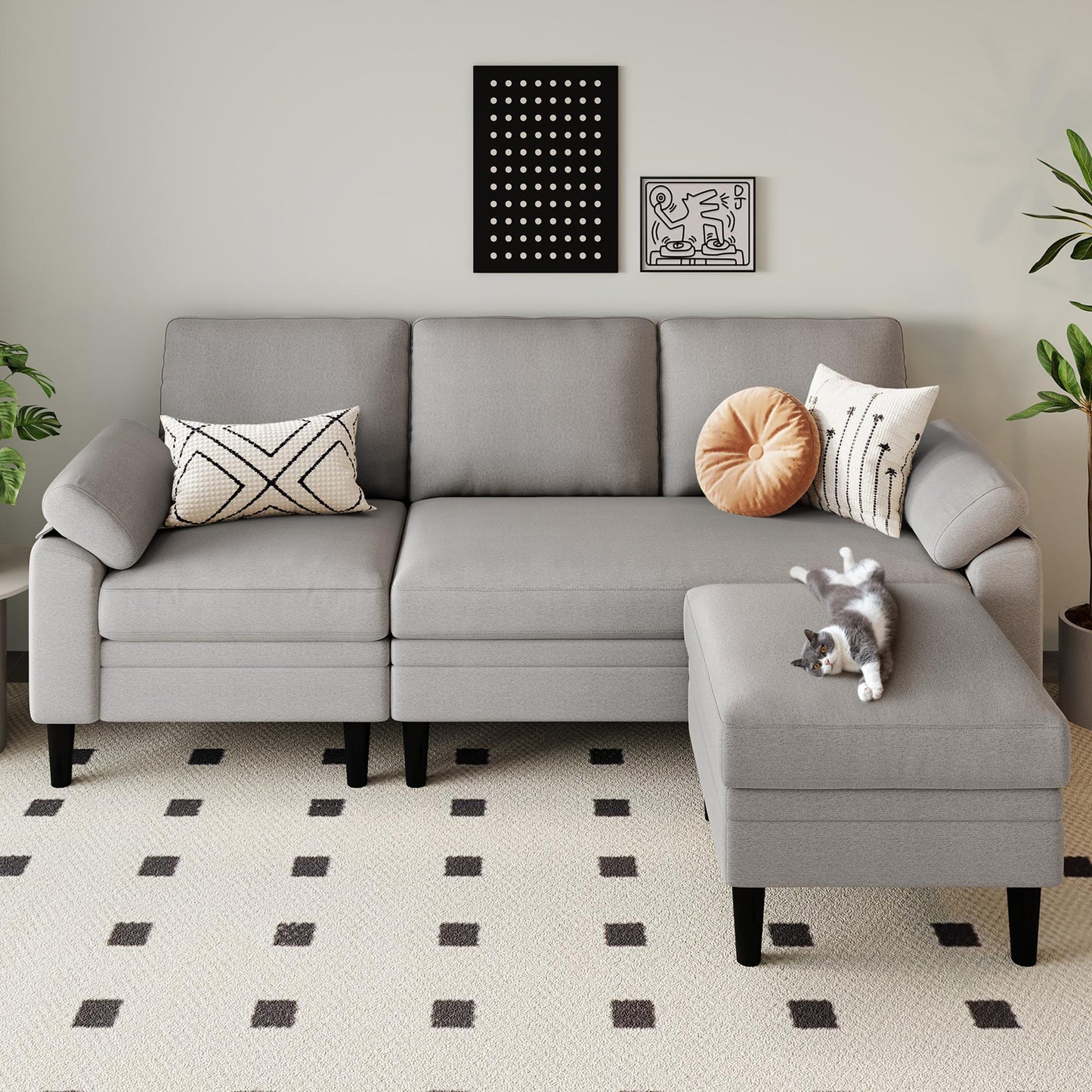 82" Reversible L-Shaped Sectional Sofa with Movable Ottoman, 3-Seater Couch for Living Room