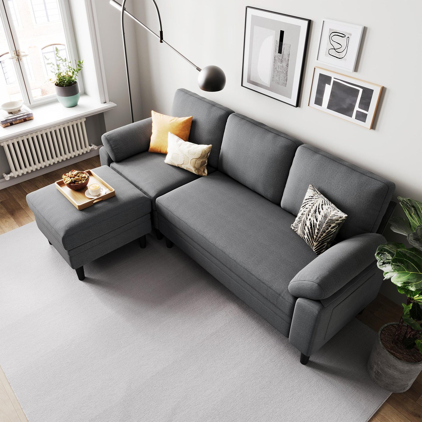 82" Reversible L-Shaped Sectional Sofa with Movable Ottoman, 3-Seater Couch for Living Room