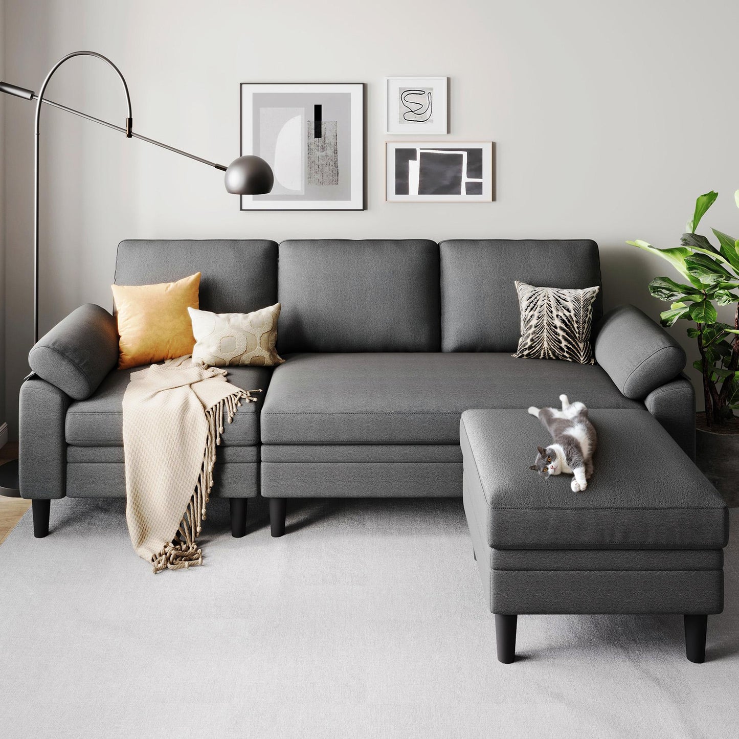 82" Reversible L-Shaped Sectional Sofa with Movable Ottoman, 3-Seater Couch for Living Room