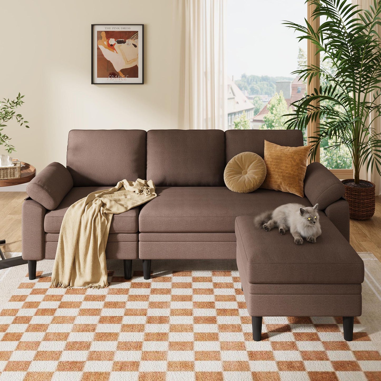 82" Reversible L-Shaped Sectional Sofa with Movable Ottoman, 3-Seater Couch for Living Room
