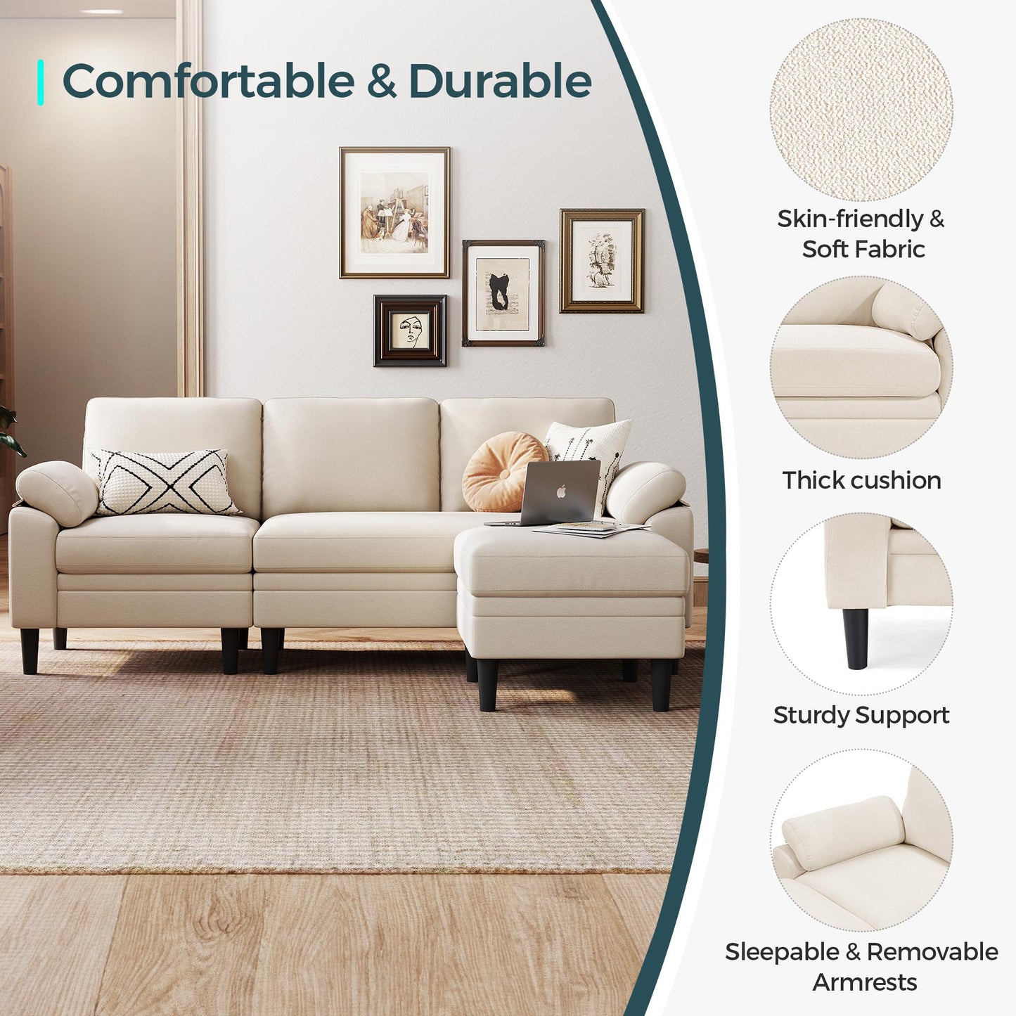 82" Reversible L-Shaped Sectional Sofa with Movable Ottoman, 3-Seater Couch for Living Room
