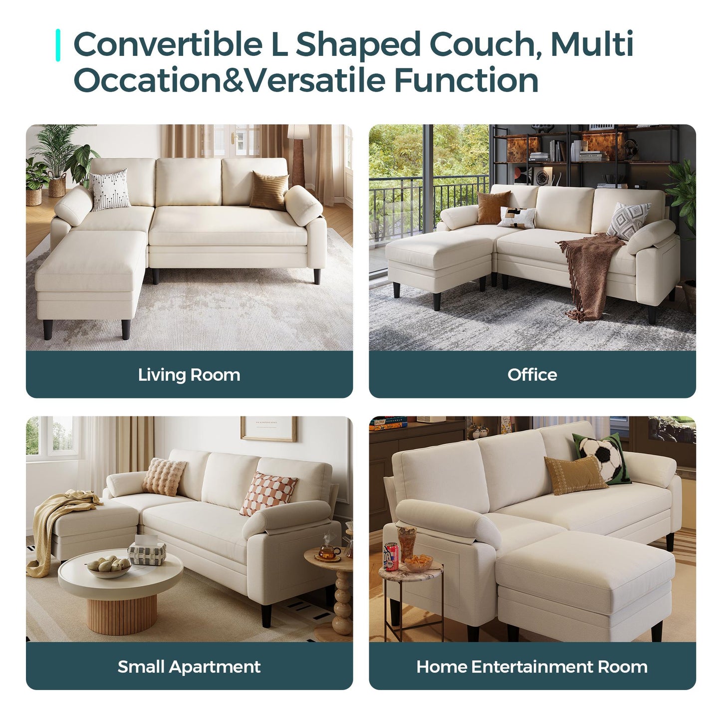 82" Reversible L-Shaped Sectional Sofa with Movable Ottoman, 3-Seater Couch for Living Room