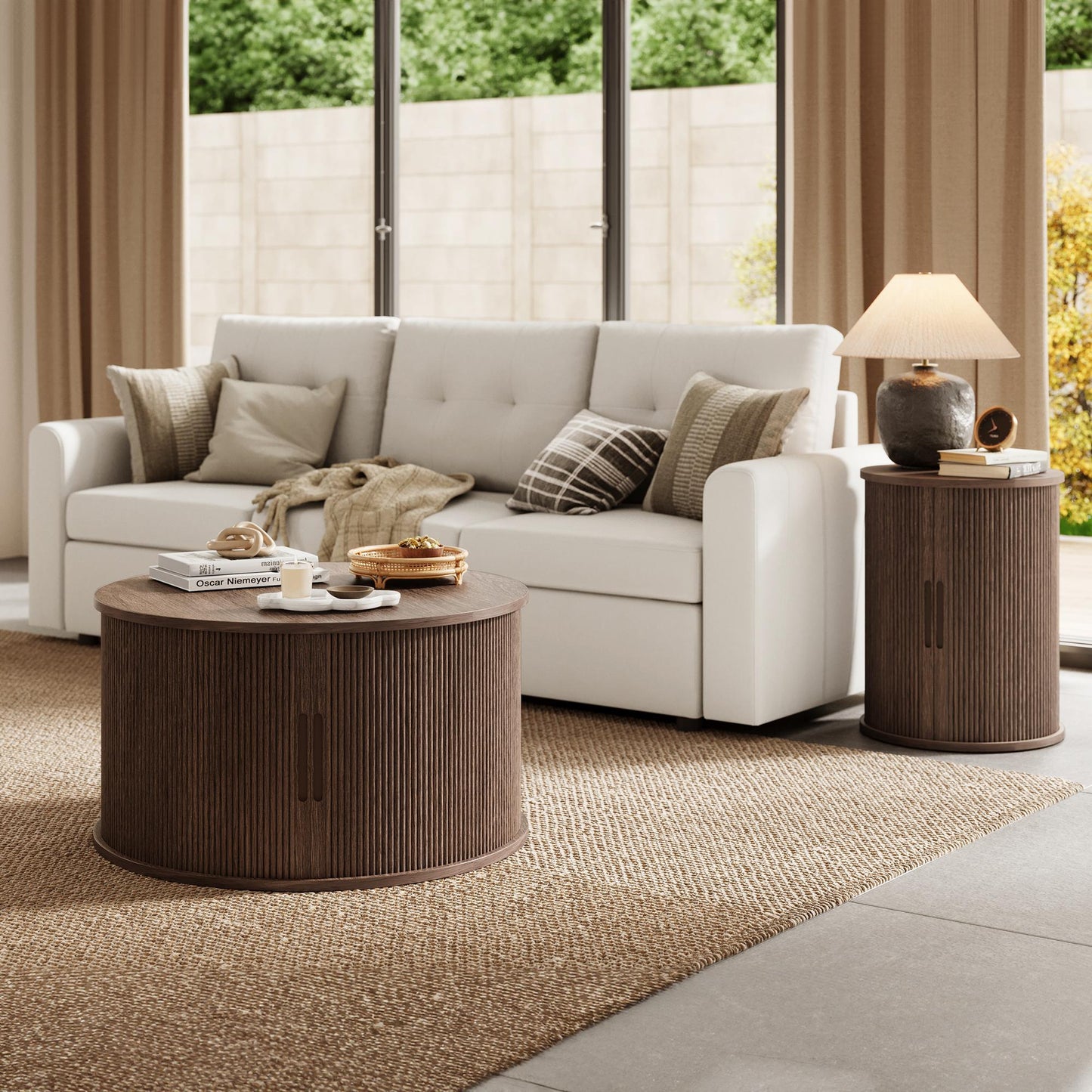 Round Fluted Coffee Table with Large Storage, Mid-Century Style, Sliding Tambour Door for Living Room