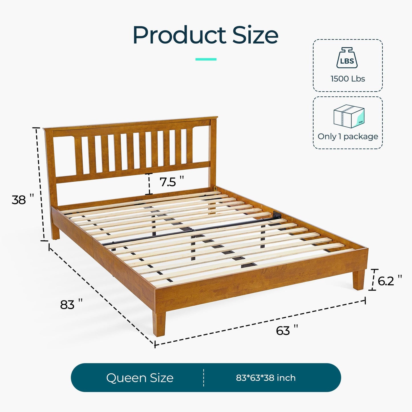 Solid Wood Bed Frame with Headboard, No Box Spring Needed