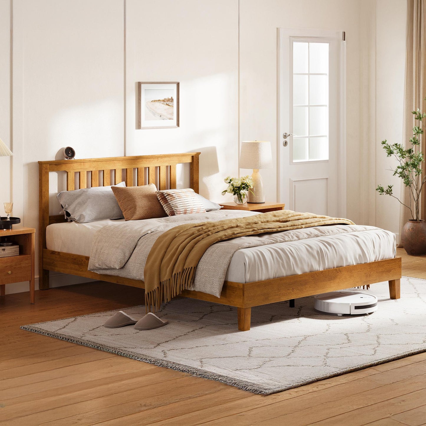 Solid Wood Bed Frame with Headboard, No Box Spring Needed