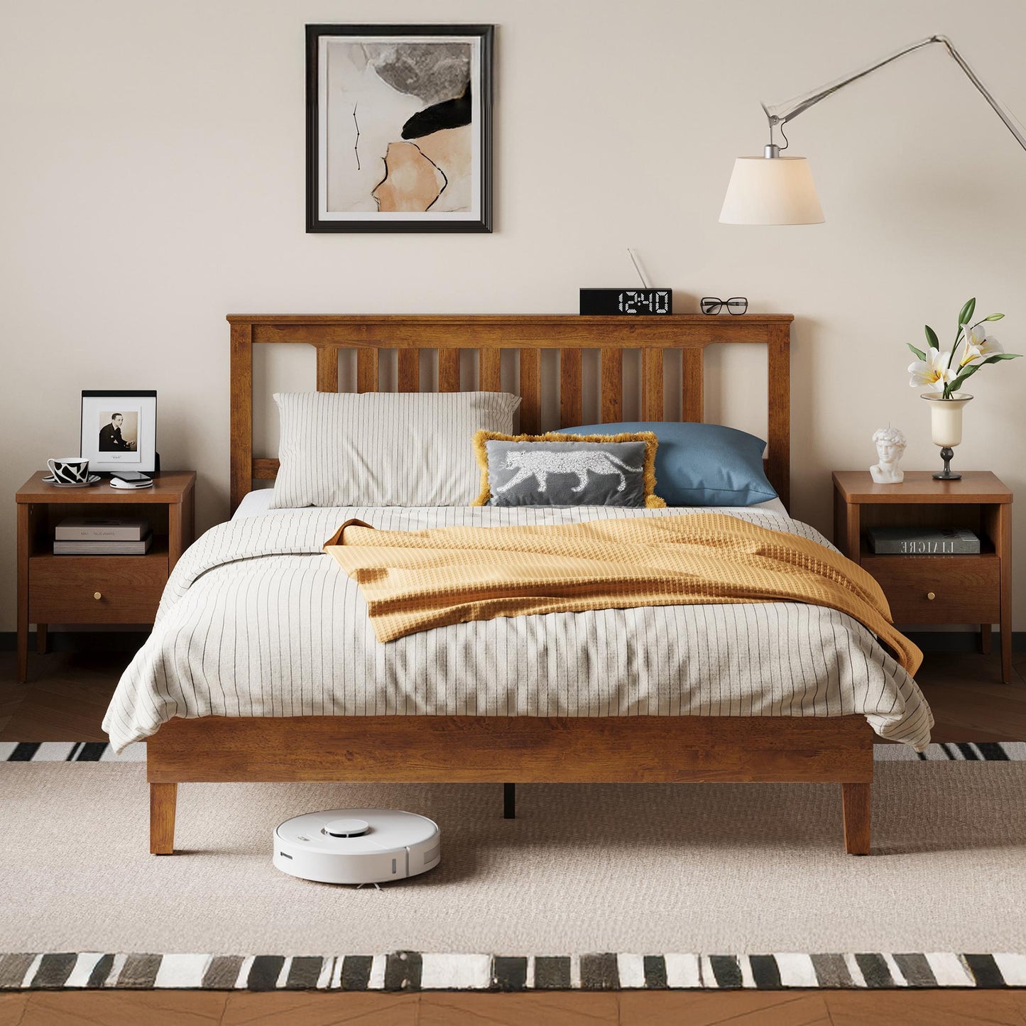 Solid Wood Bed Frame with Headboard, No Box Spring Needed