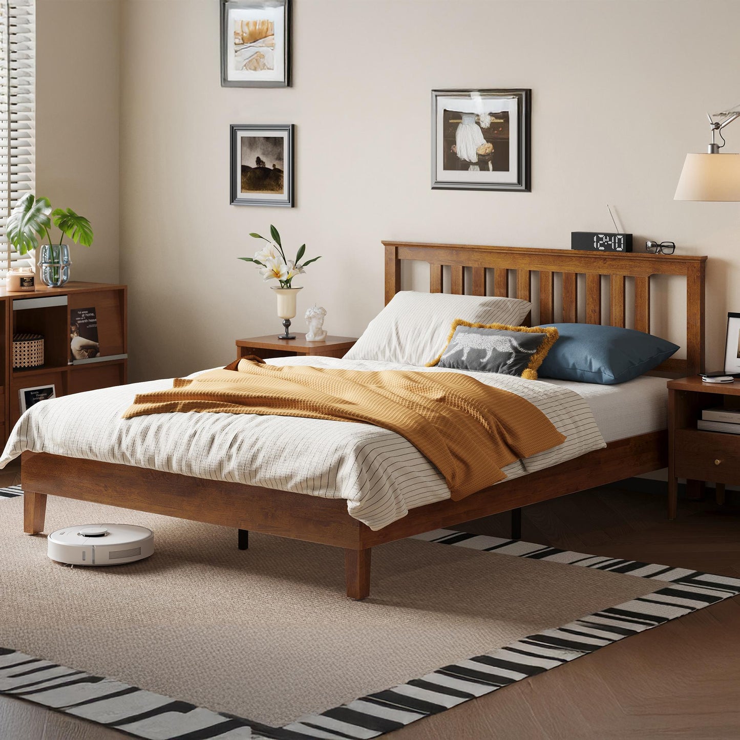 Solid Wood Bed Frame with Headboard, No Box Spring Needed