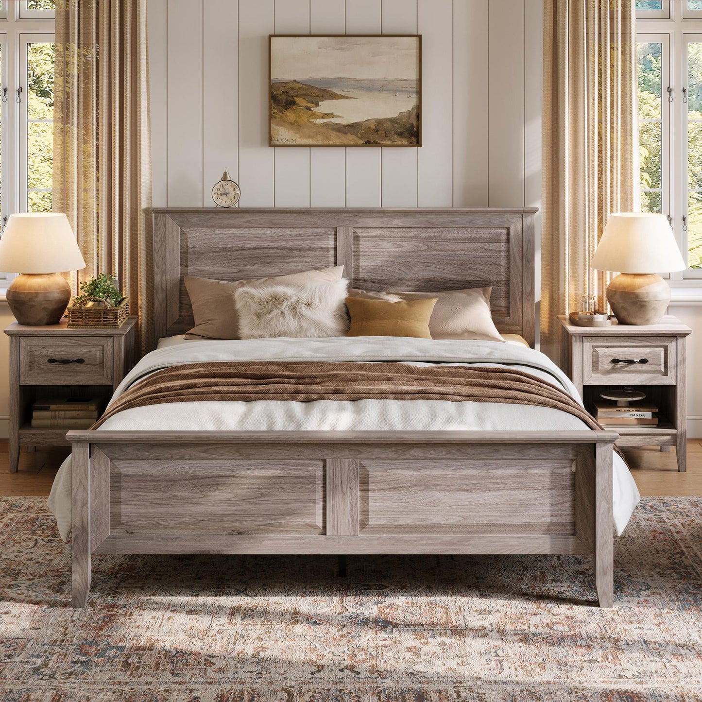 Wood Queen Bed Frame with Headboard and High Footboard, Farmhouse Style, Easy Assembly, Noise-Free, No Box Spring Required