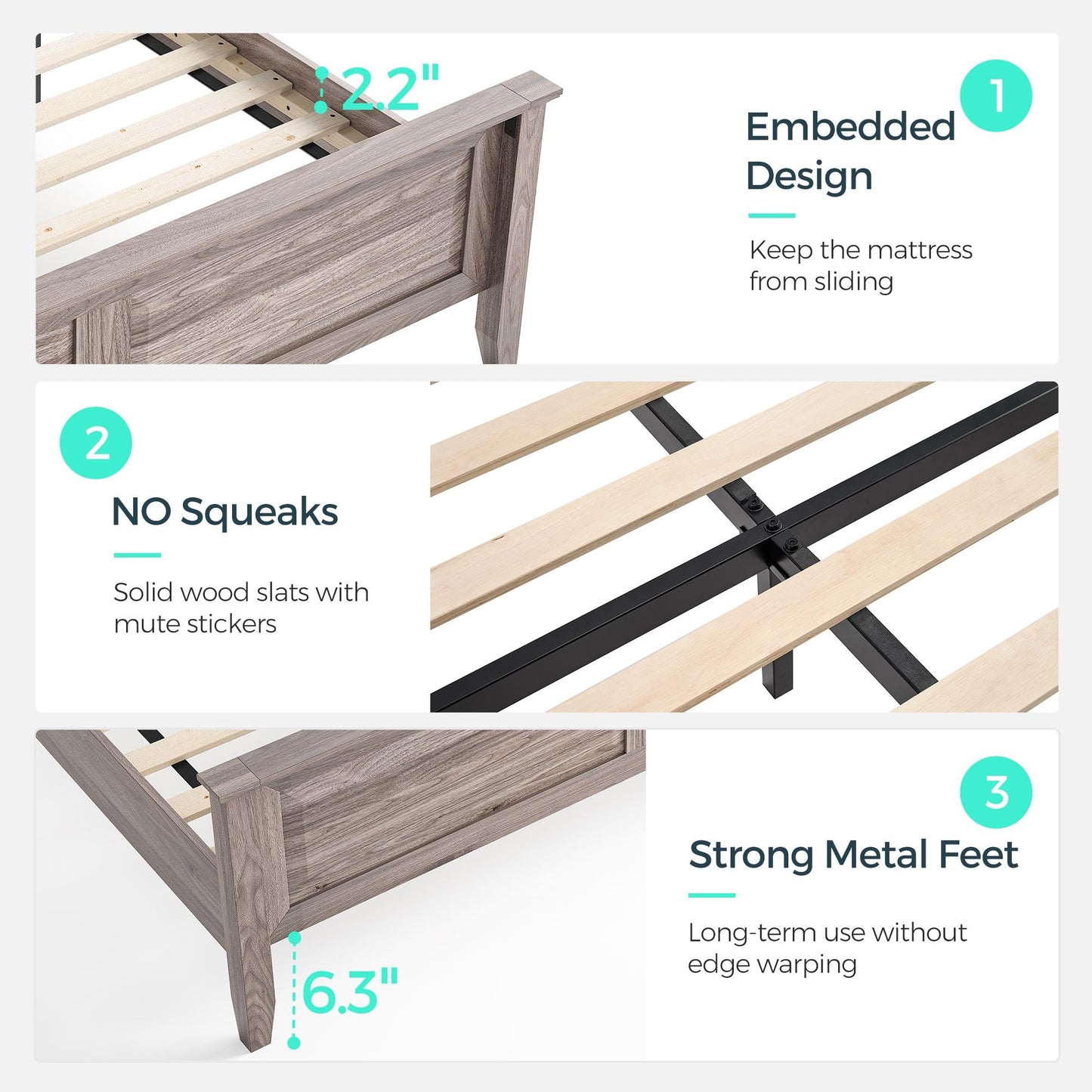 Wood Queen Bed Frame with Headboard and High Footboard, Farmhouse Style, Easy Assembly, Noise-Free, No Box Spring Required