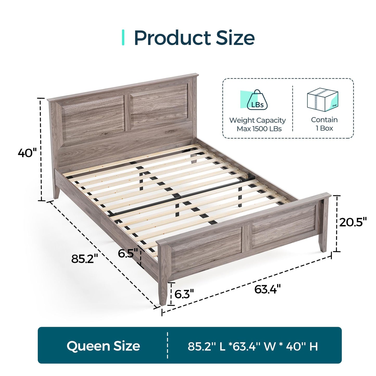 Wood Queen Bed Frame with Headboard and High Footboard, Farmhouse Style, Easy Assembly, Noise-Free, No Box Spring Required